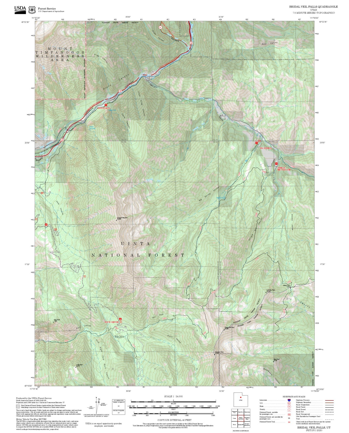 2025 Forest Service Topo Map of Bridal Veil Falls Utah
