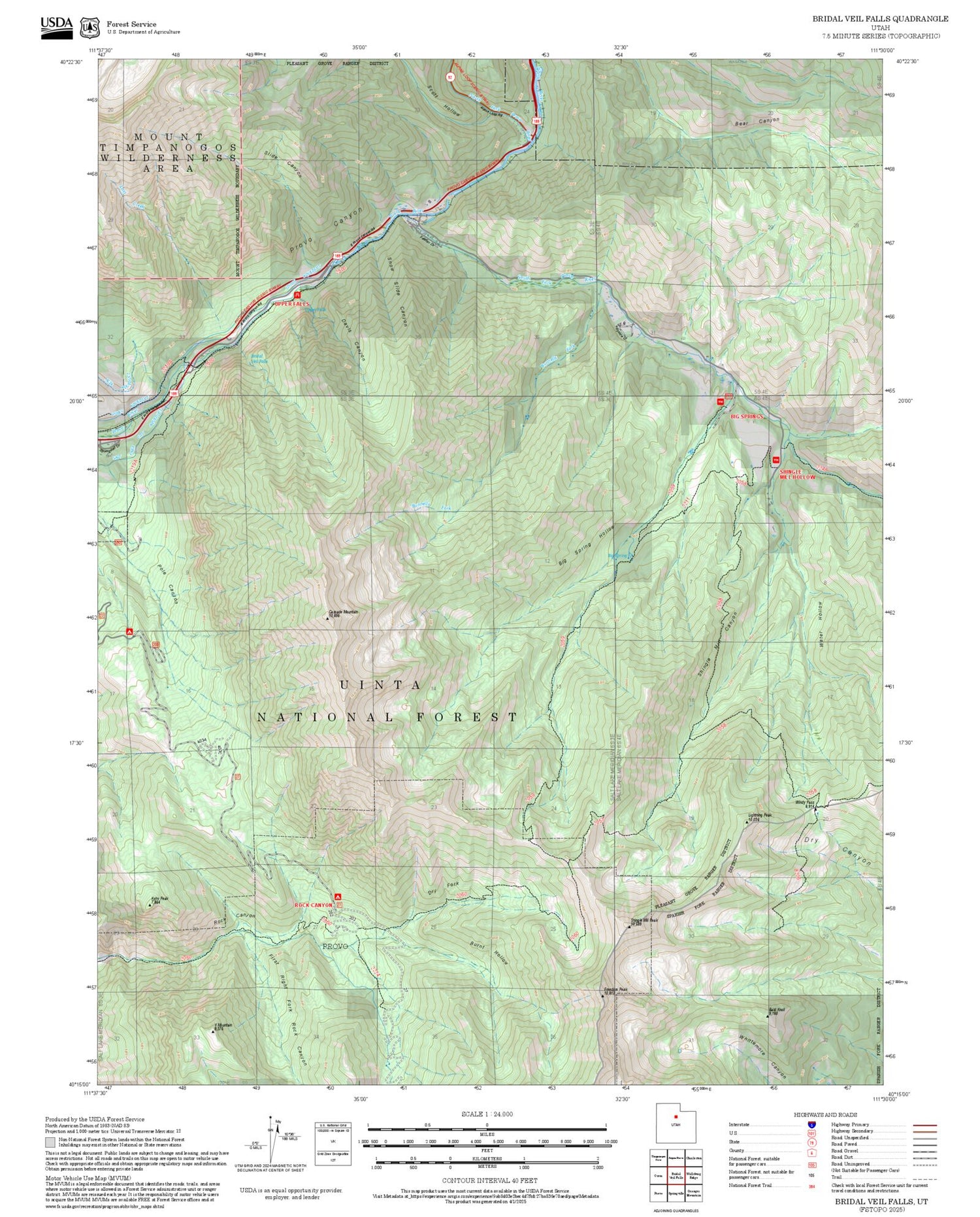 2025 Forest Service Topo Map of Bridal Veil Falls Utah