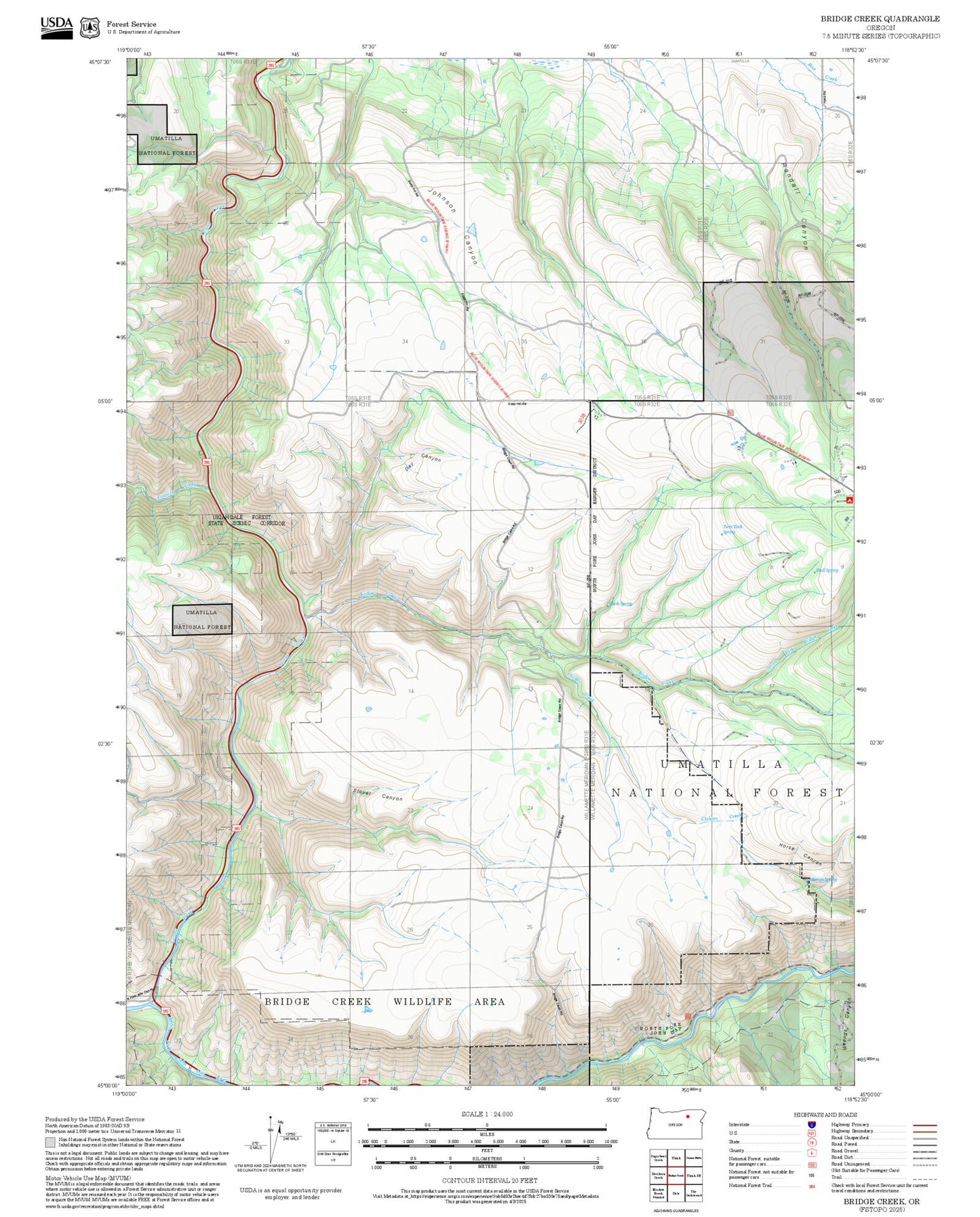 2025 Forest Service Topo Map of Bridge Creek Oregon