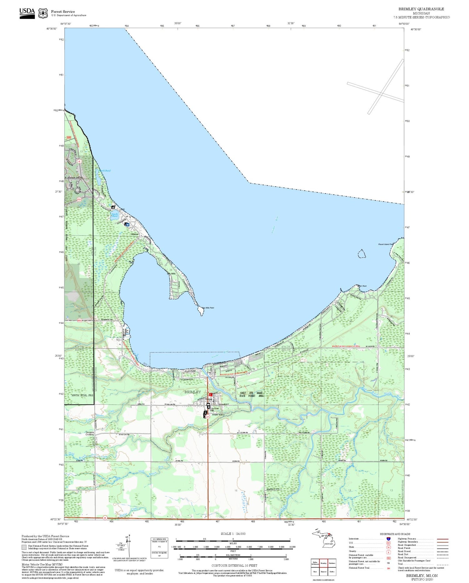 2025 Forest Service Topo Map of Brimley Michigan