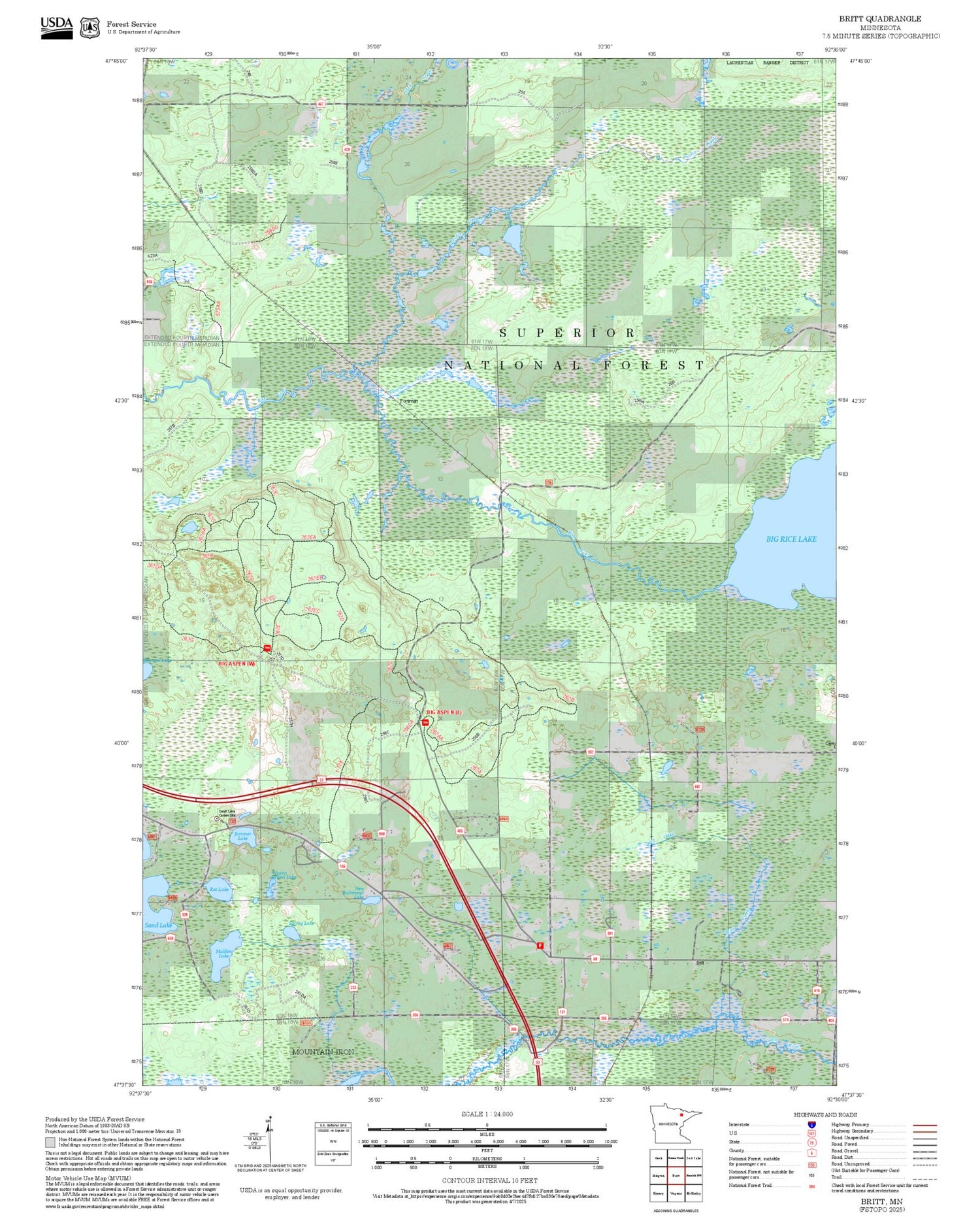 2025 Forest Service Topo Map of Britt Minnesota