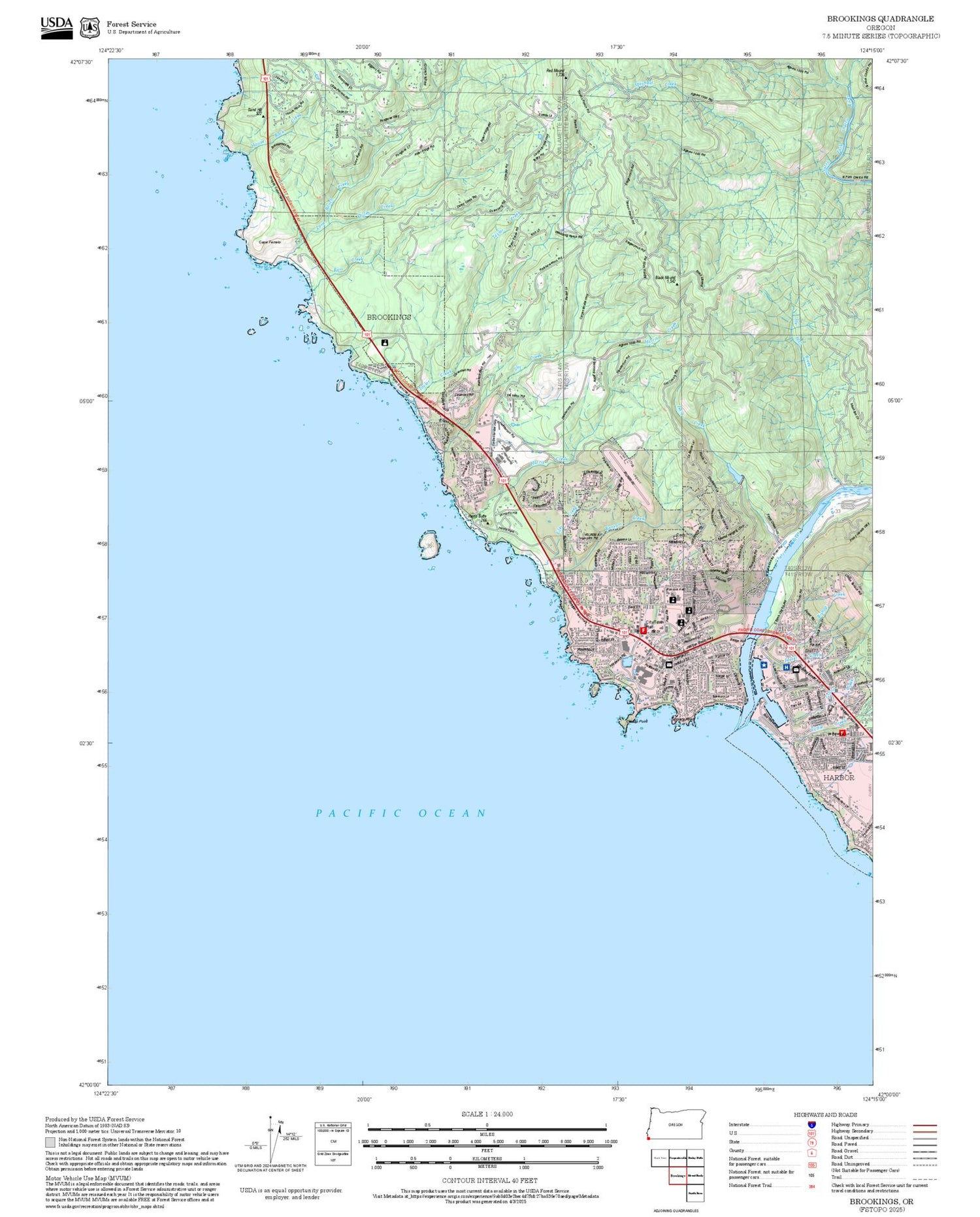 2025 Forest Service Topo Map of Brookings Oregon