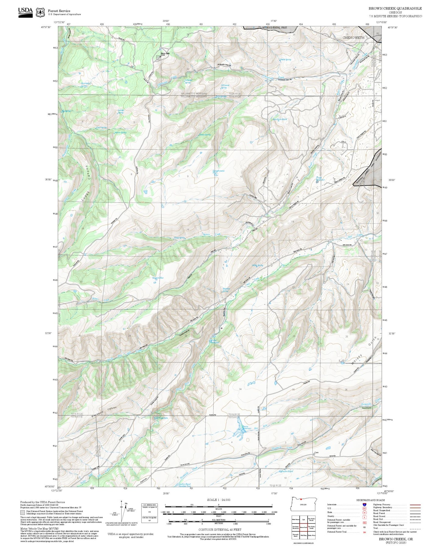 2025 Forest Service Topo Map of Brown Creek Oregon