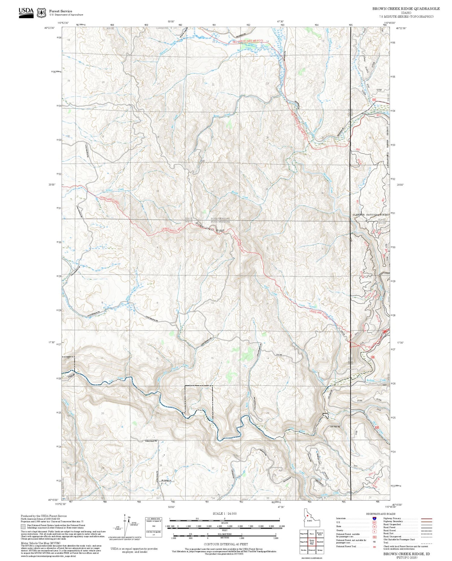 2025 Forest Service Topo Map of Brown Creek Ridge Idaho