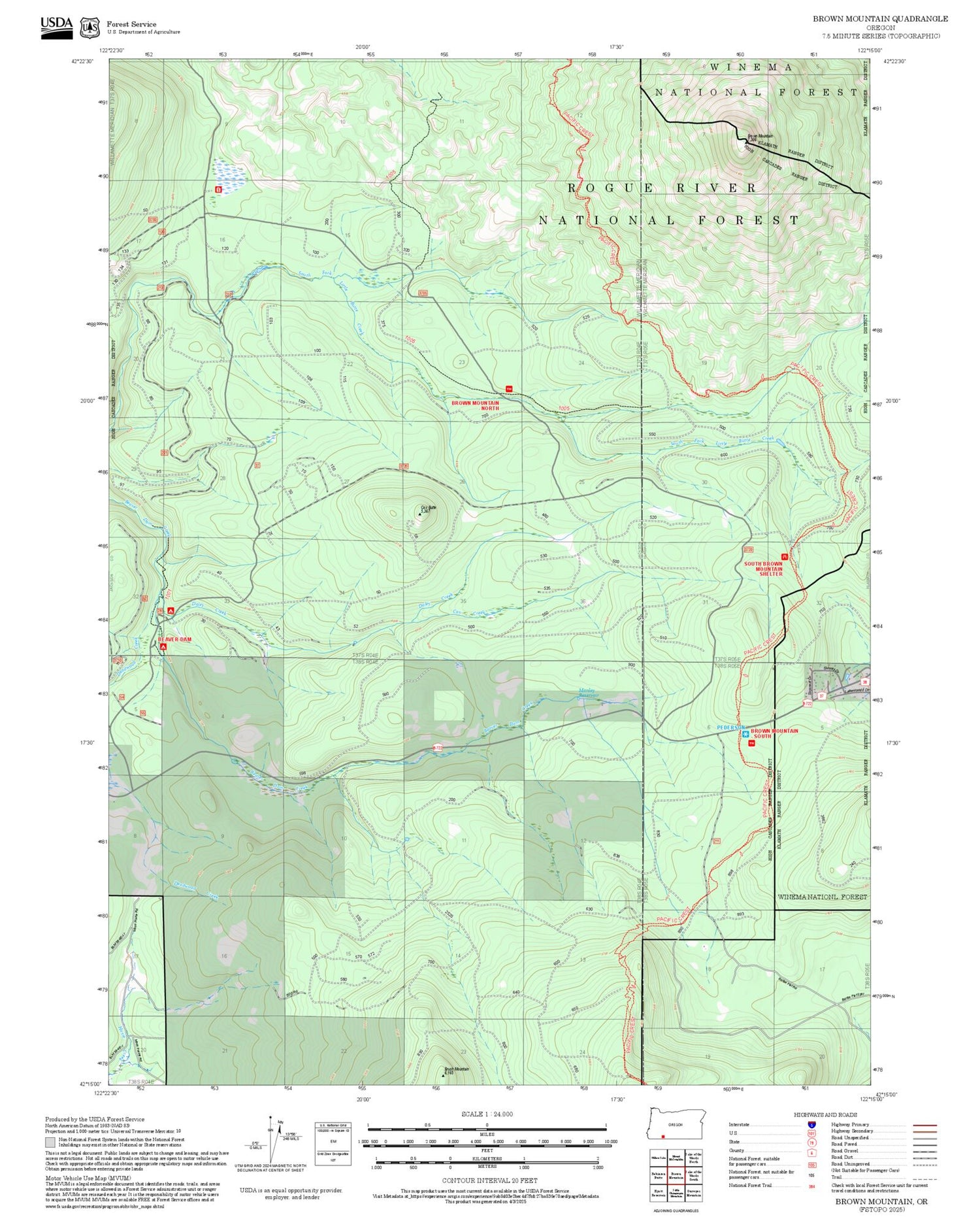 2025 Forest Service Topo Map of Brown Mountain Oregon