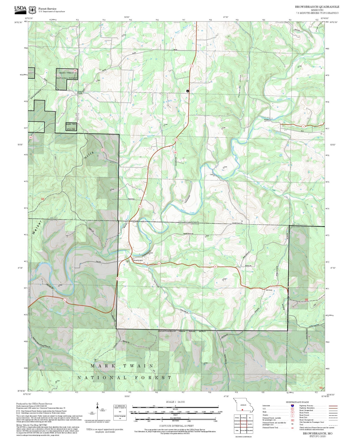 2025 Forest Service Topo Map of Brownbranch Missouri