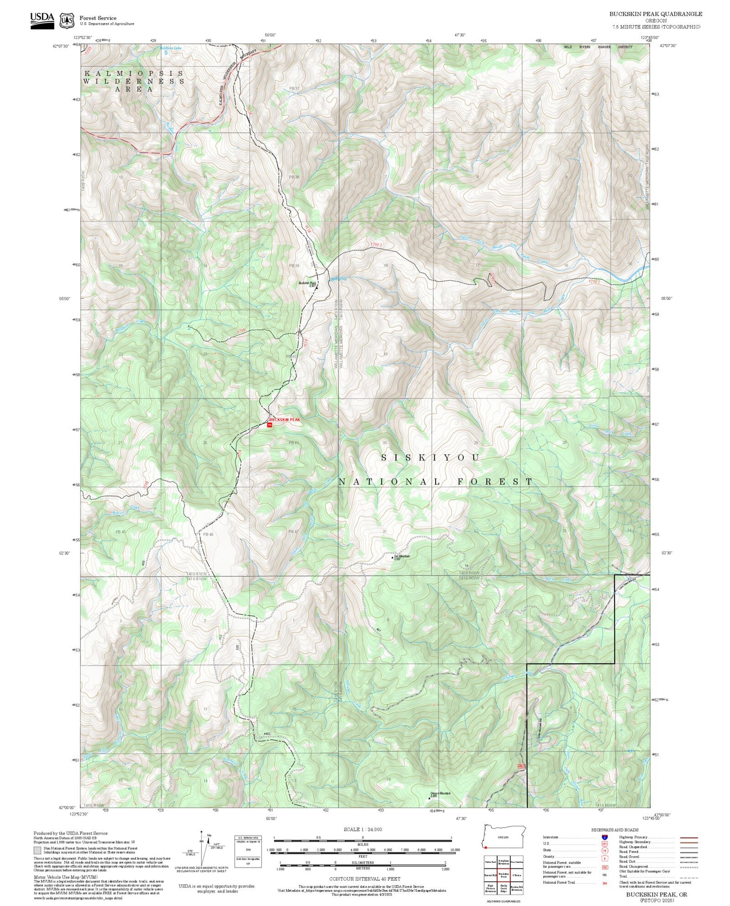 2025 Forest Service Topo Map of Buckskin Peak Oregon