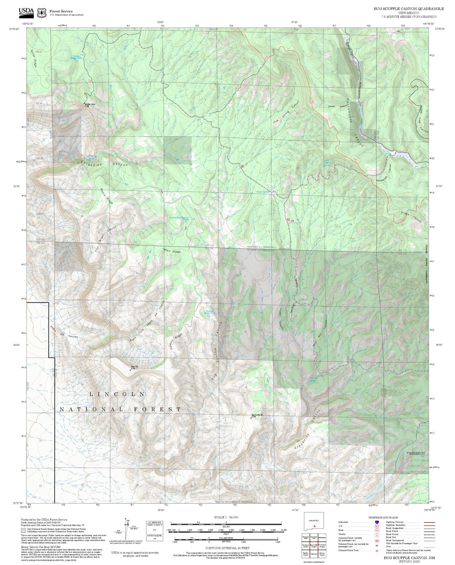 2025 Forest Service Topo Map of Bug Scuffle Canyon New Mexico