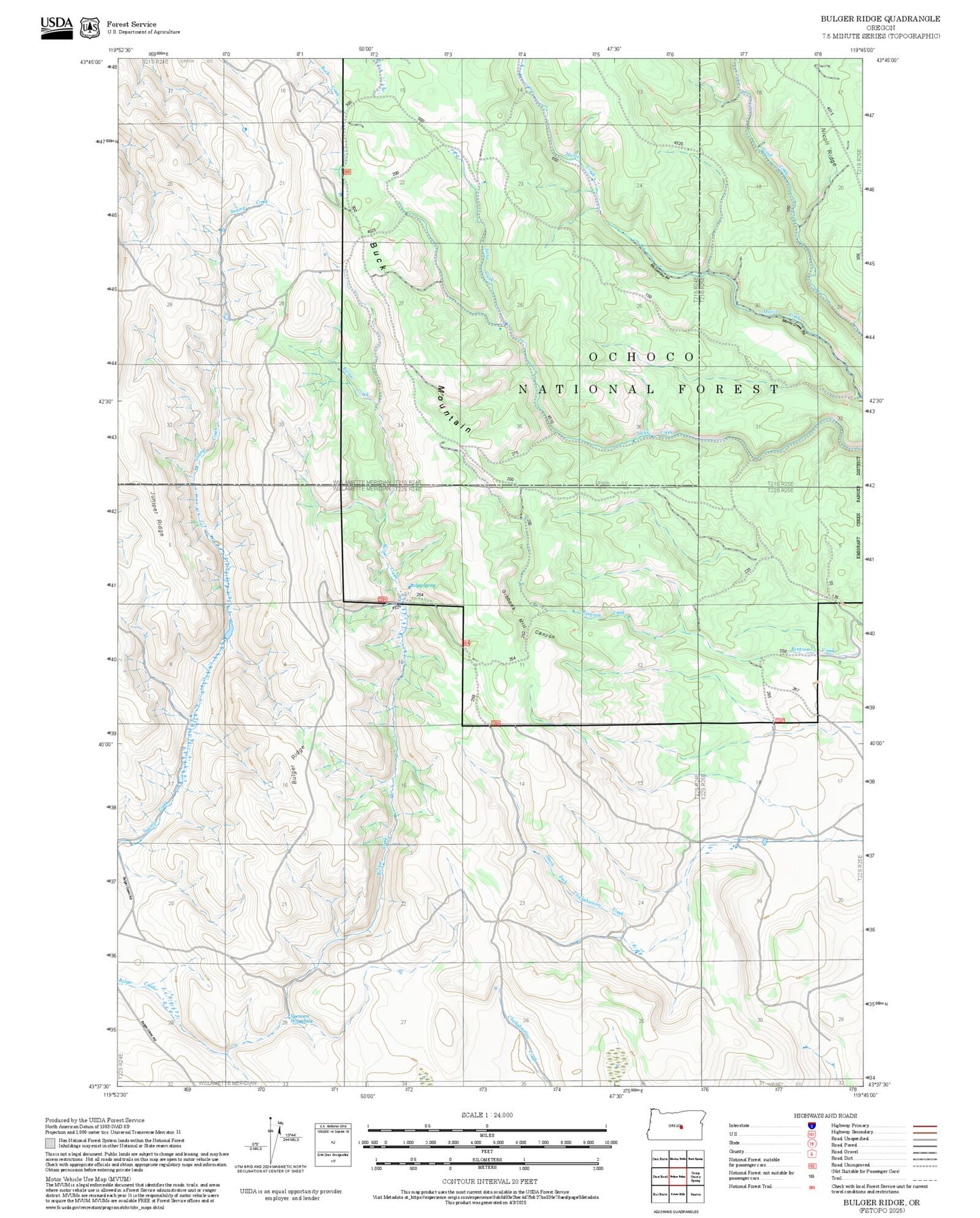 2025 Forest Service Topo Map of Bulger Ridge Oregon