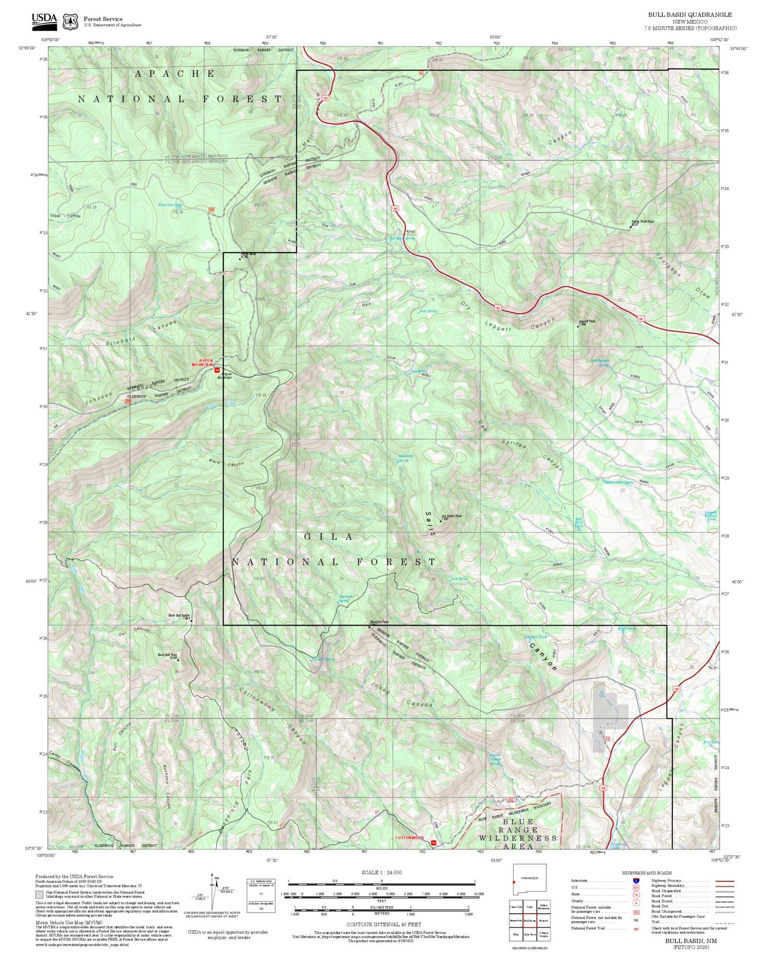 2025 Forest Service Topo Map of Bull Basin New Mexico