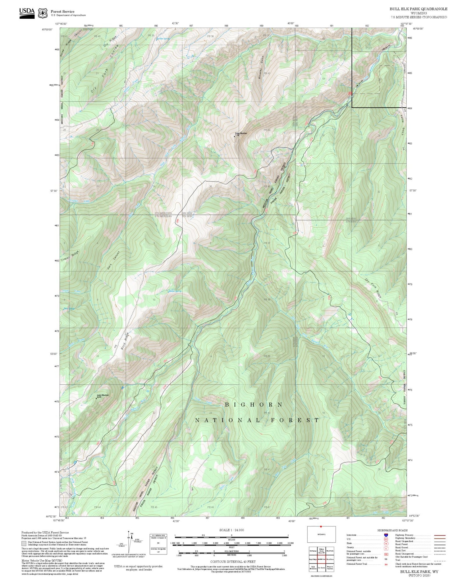2025 Forest Service Topo Map of Bull Elk Park Wyoming