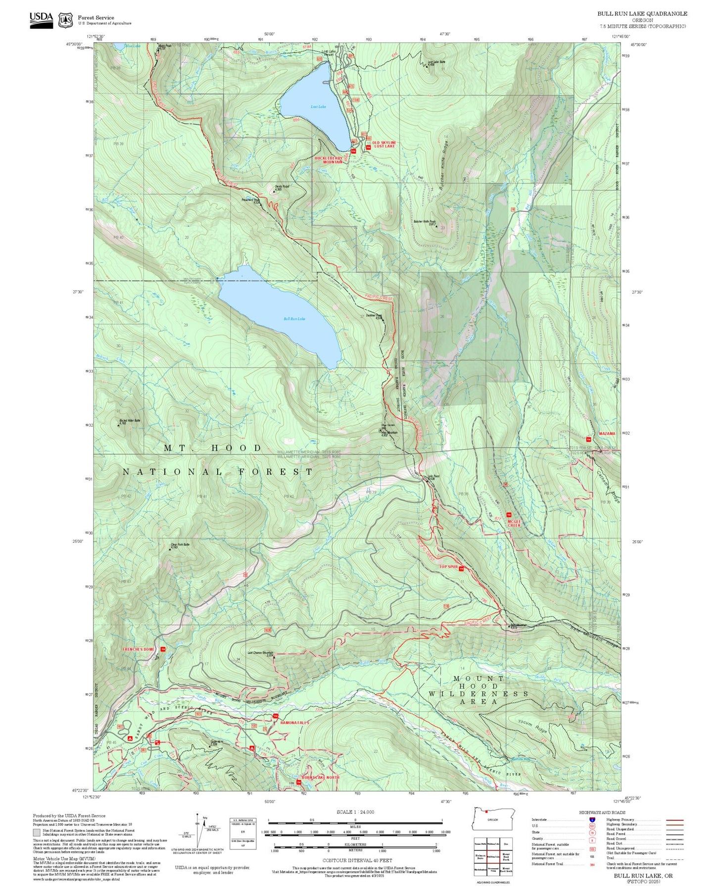 2025 Forest Service Topo Map of Bull Run Lake Oregon