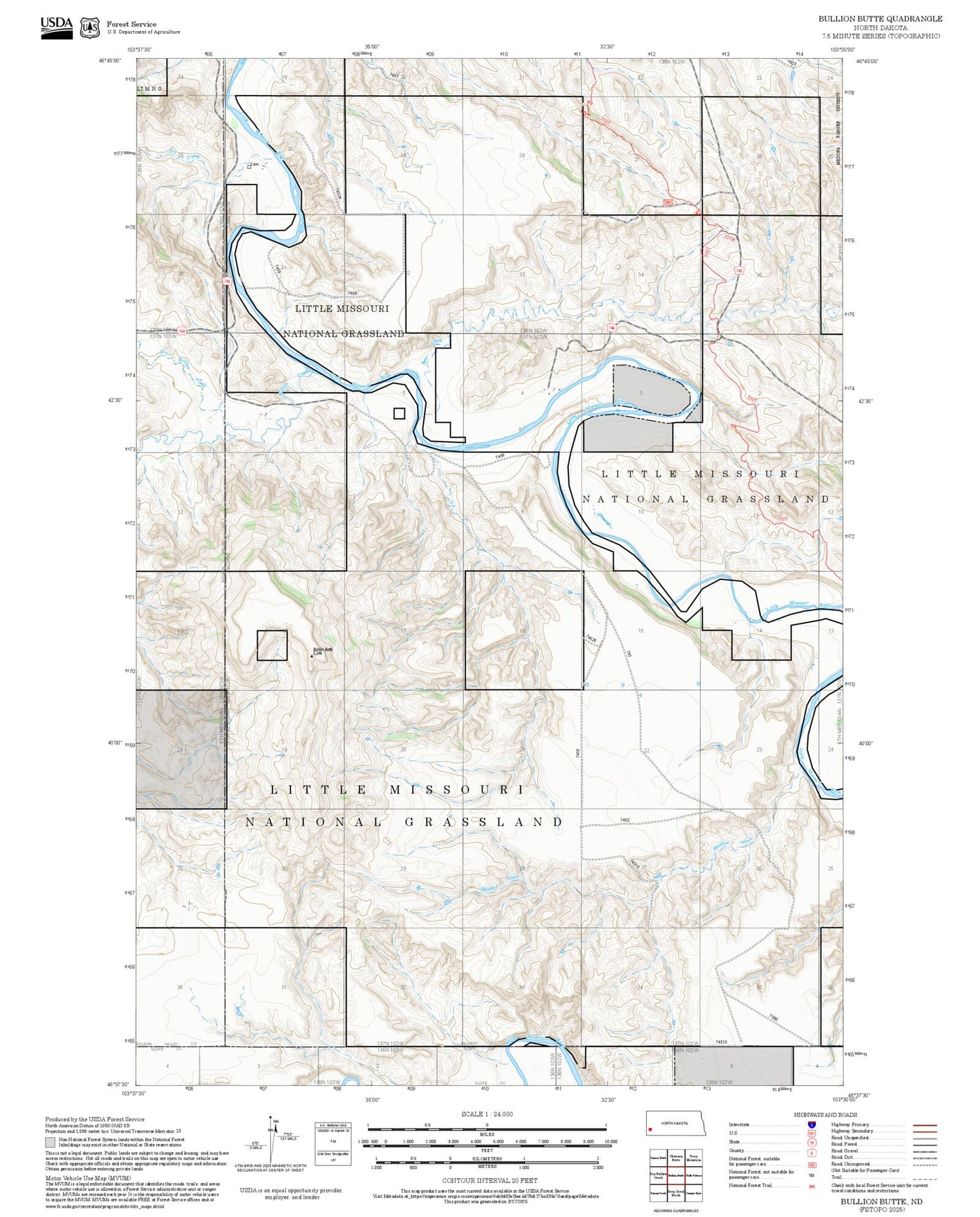 2025 Forest Service Topo Map of Bullion Butte North Dakota