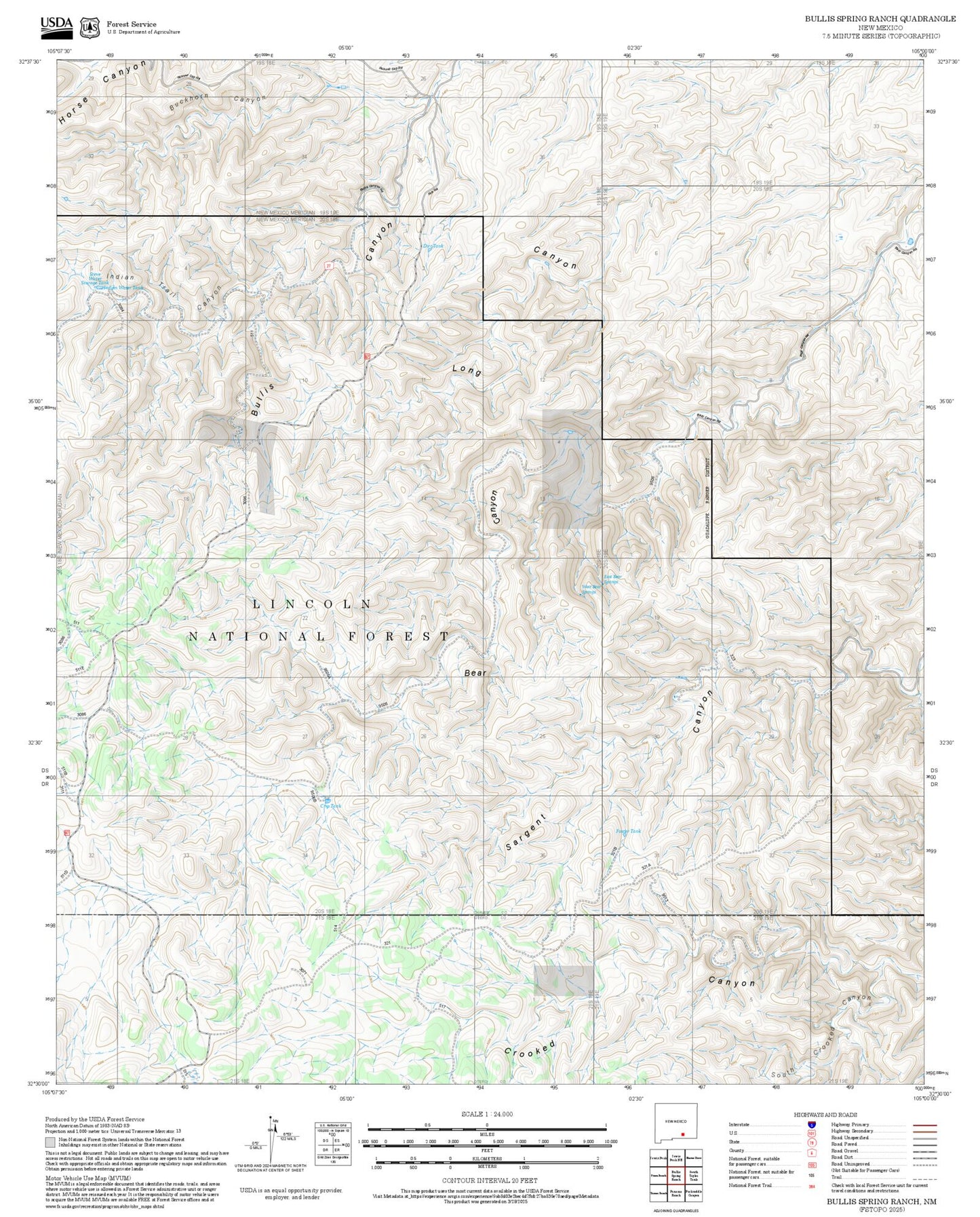 2025 Forest Service Topo Map of Bullis Spring Ranch New Mexico