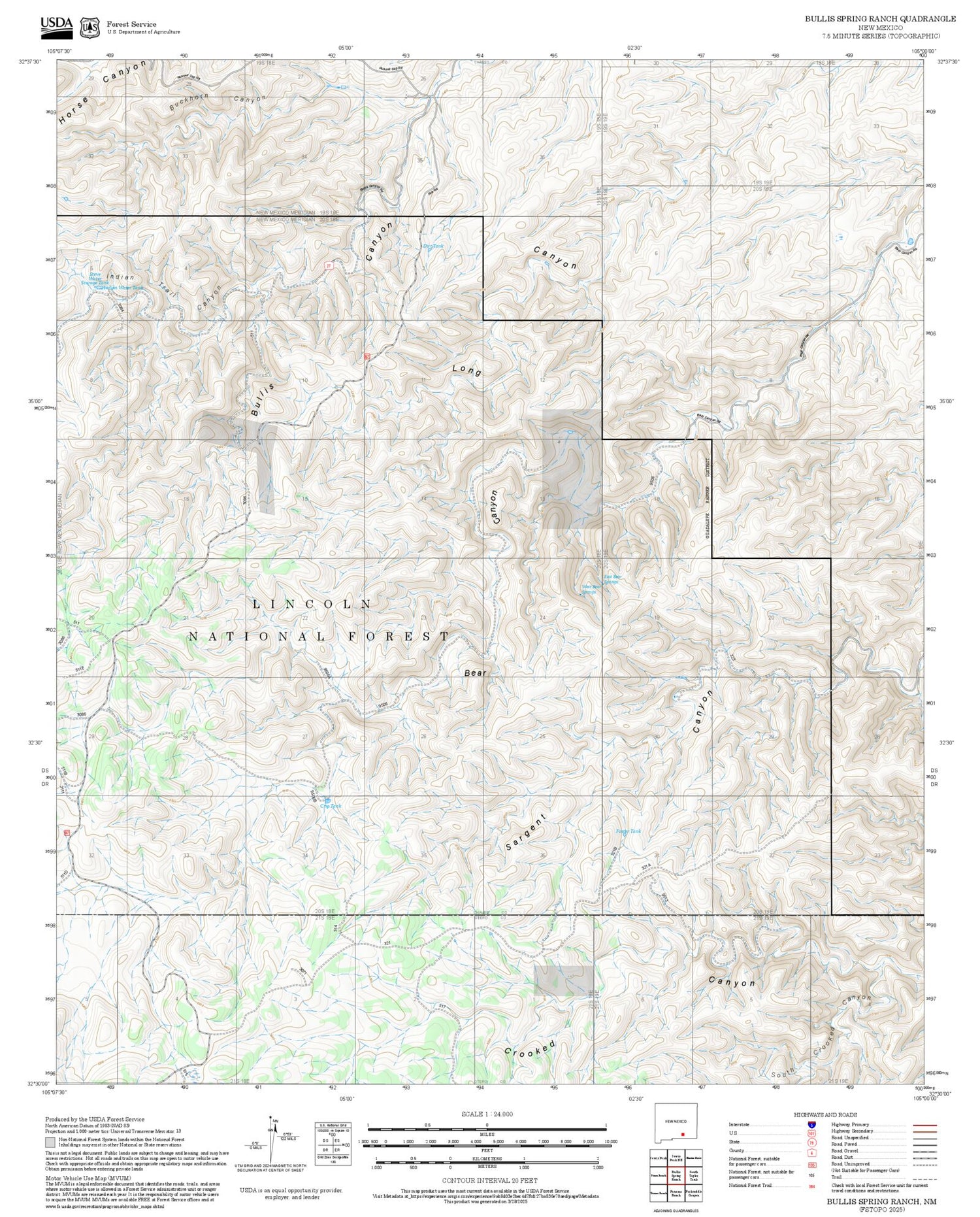 2025 Forest Service Topo Map of Bullis Spring Ranch New Mexico