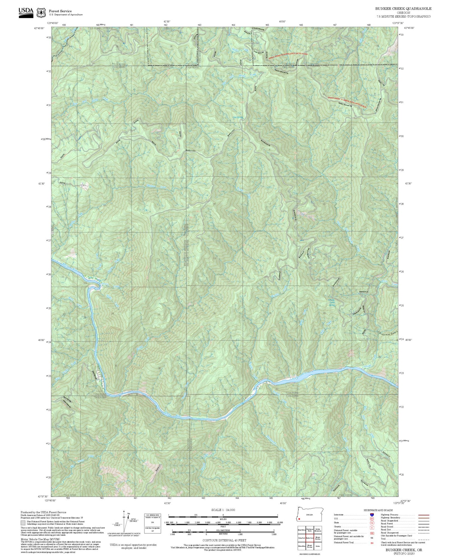 2025 Forest Service Topo Map of Bunker Creek Oregon