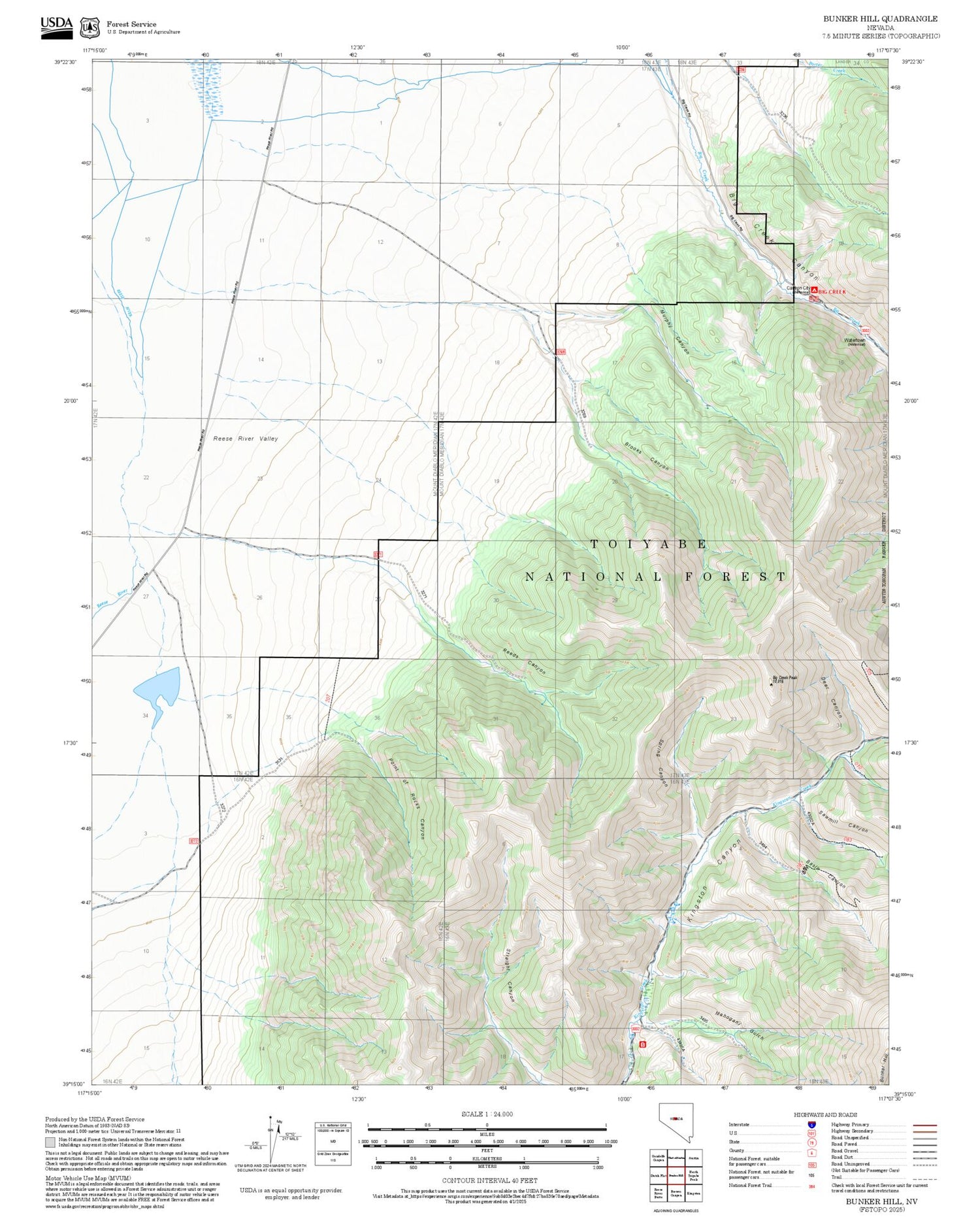 2025 Forest Service Topo Map of Bunker Hill Nevada