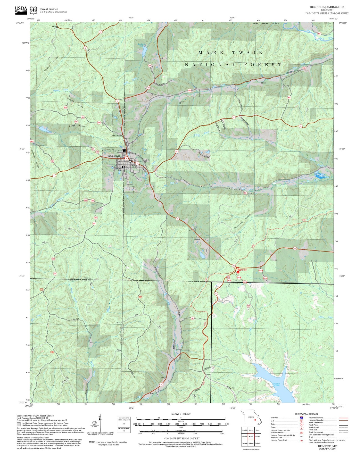 2025 Forest Service Topo Map of Bunker Missouri