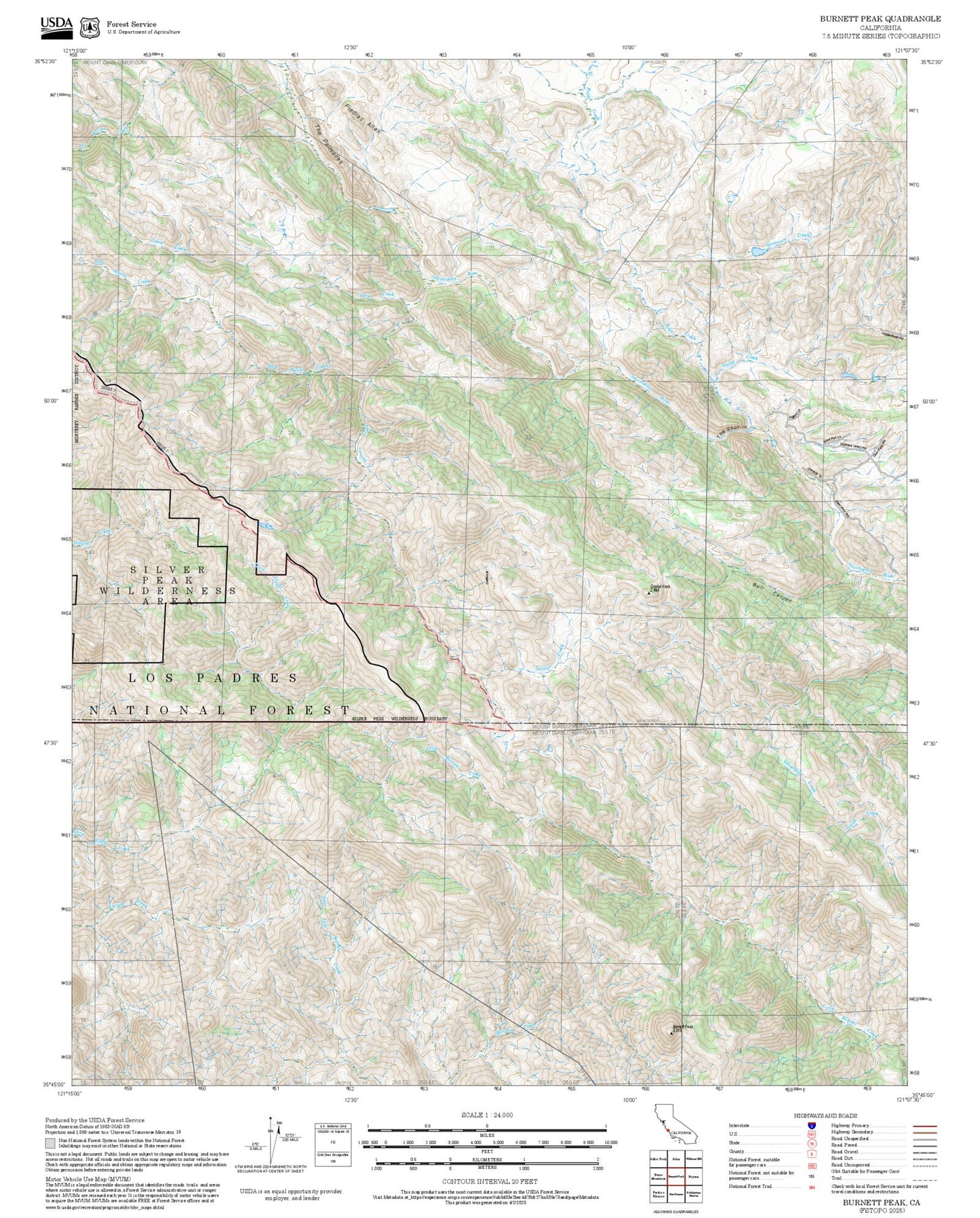 2025 Forest Service Topo Map of Burnett Peak California