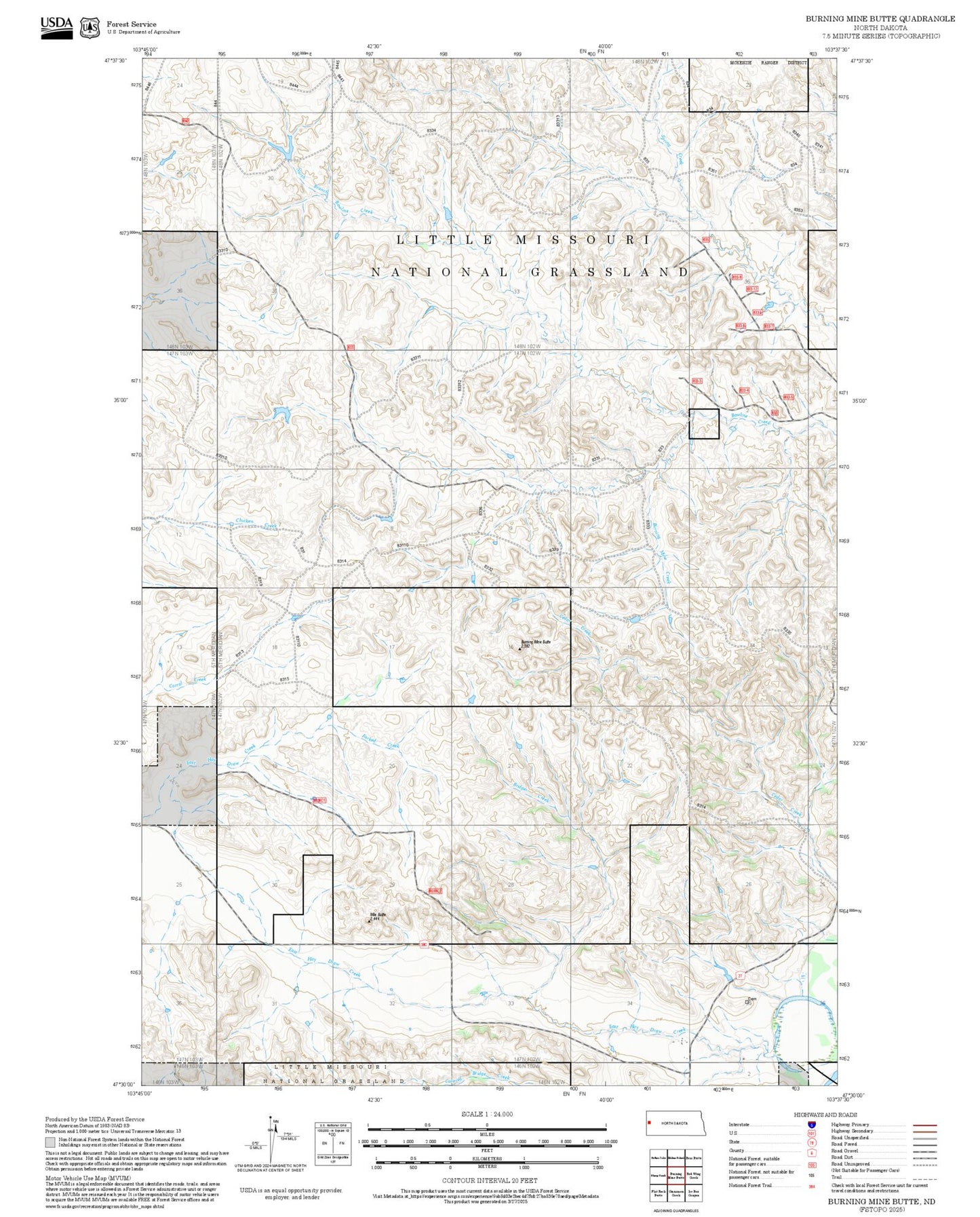 2025 Forest Service Topo Map of Burning Mine Butte North Dakota