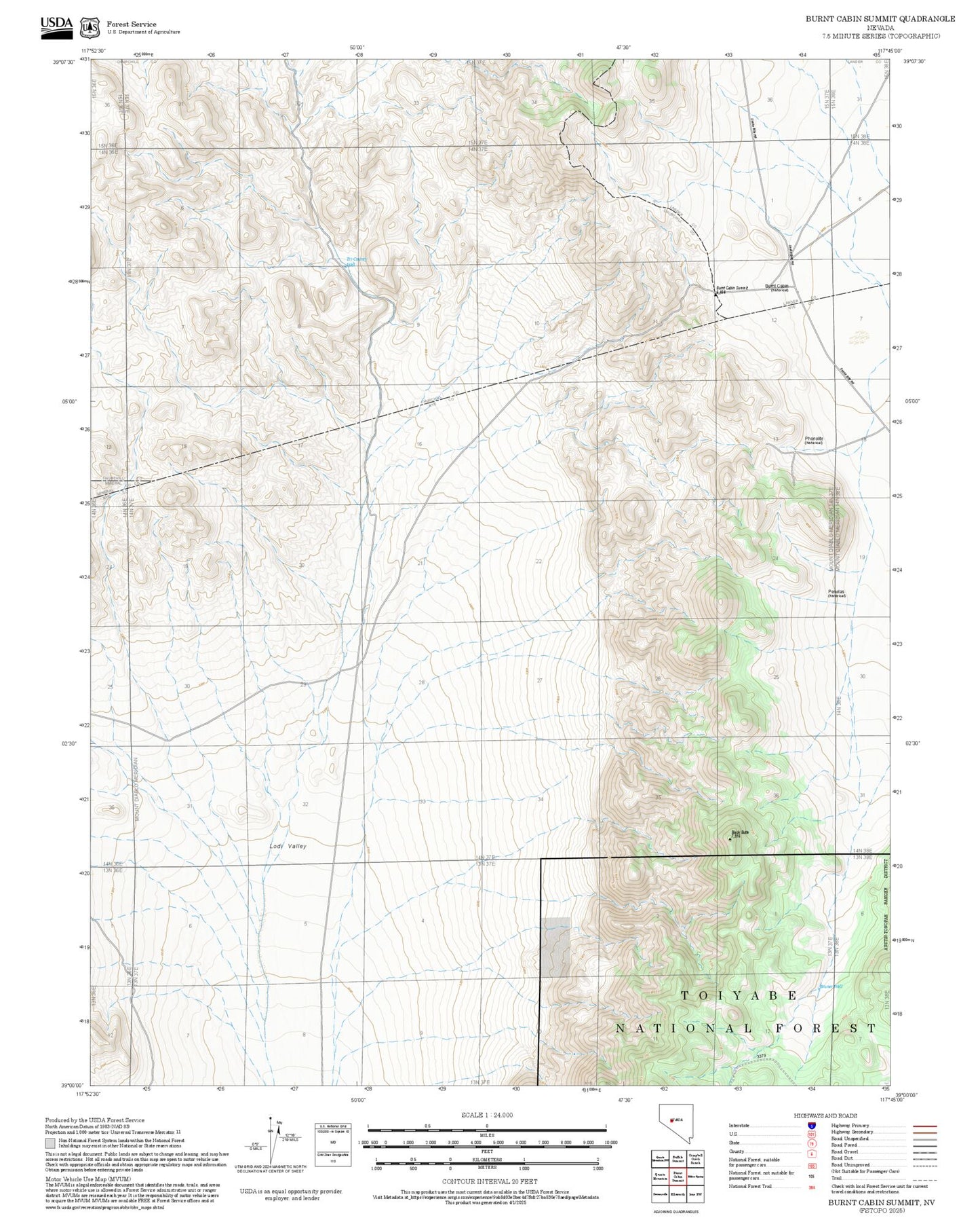 2025 Forest Service Topo Map of Burnt Cabin Summit Nevada
