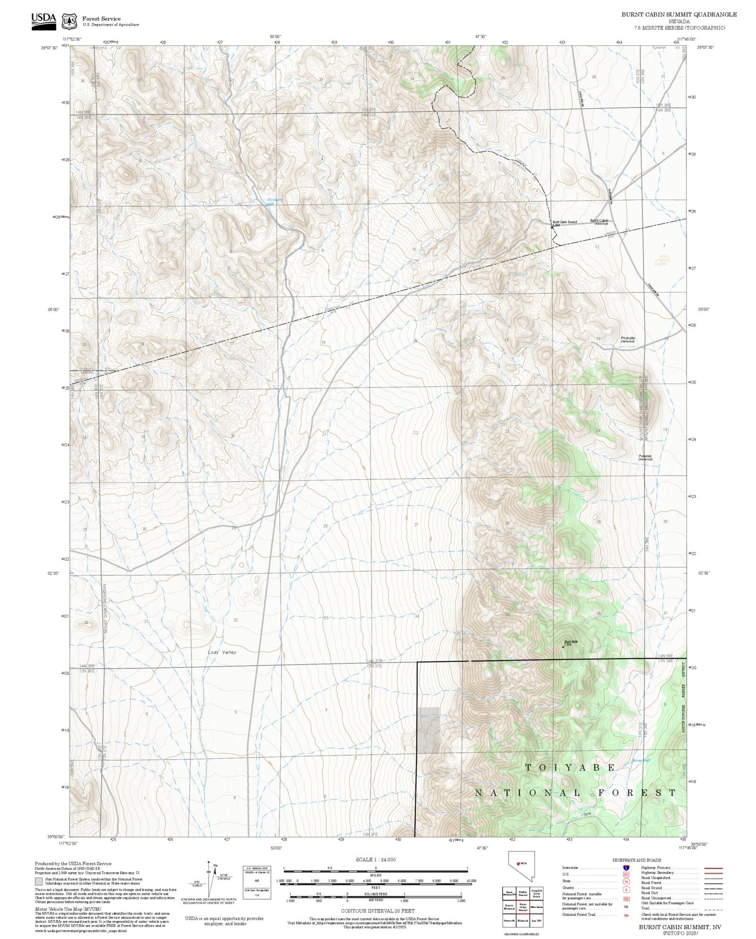 2025 Forest Service Topo Map of Burnt Cabin Summit Nevada