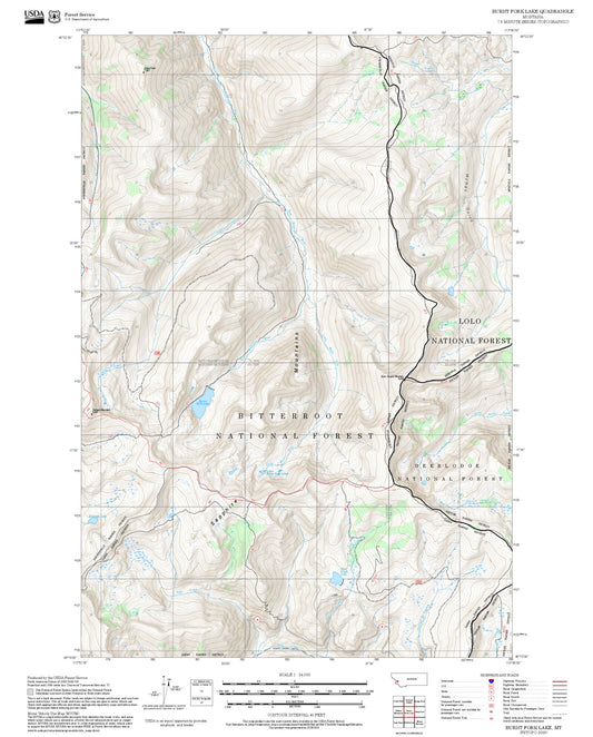 2025 Forest Service Topo Map of Burnt Fork Lake Montana