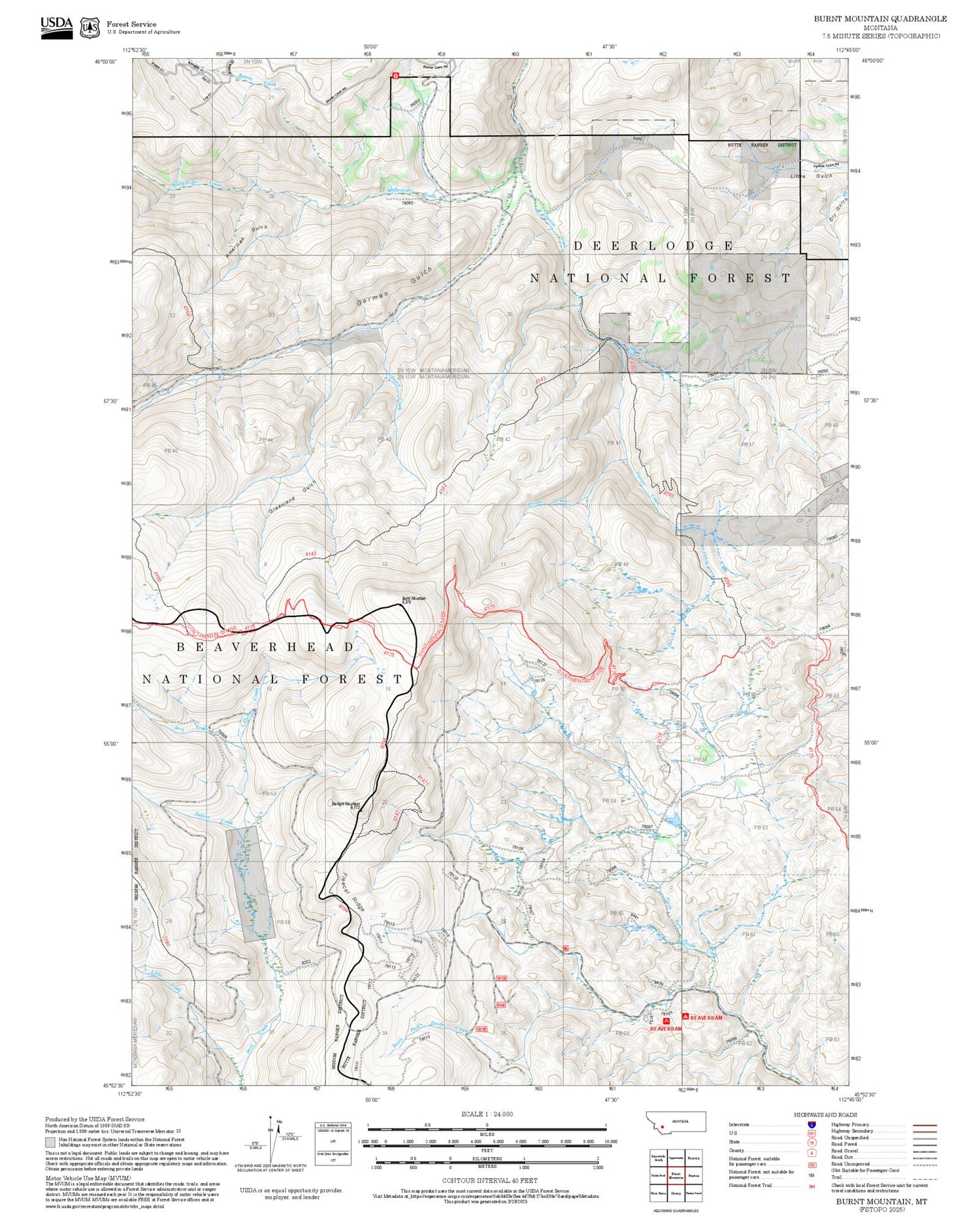 2025 Forest Service Topo Map of Burnt Mountain Montana
