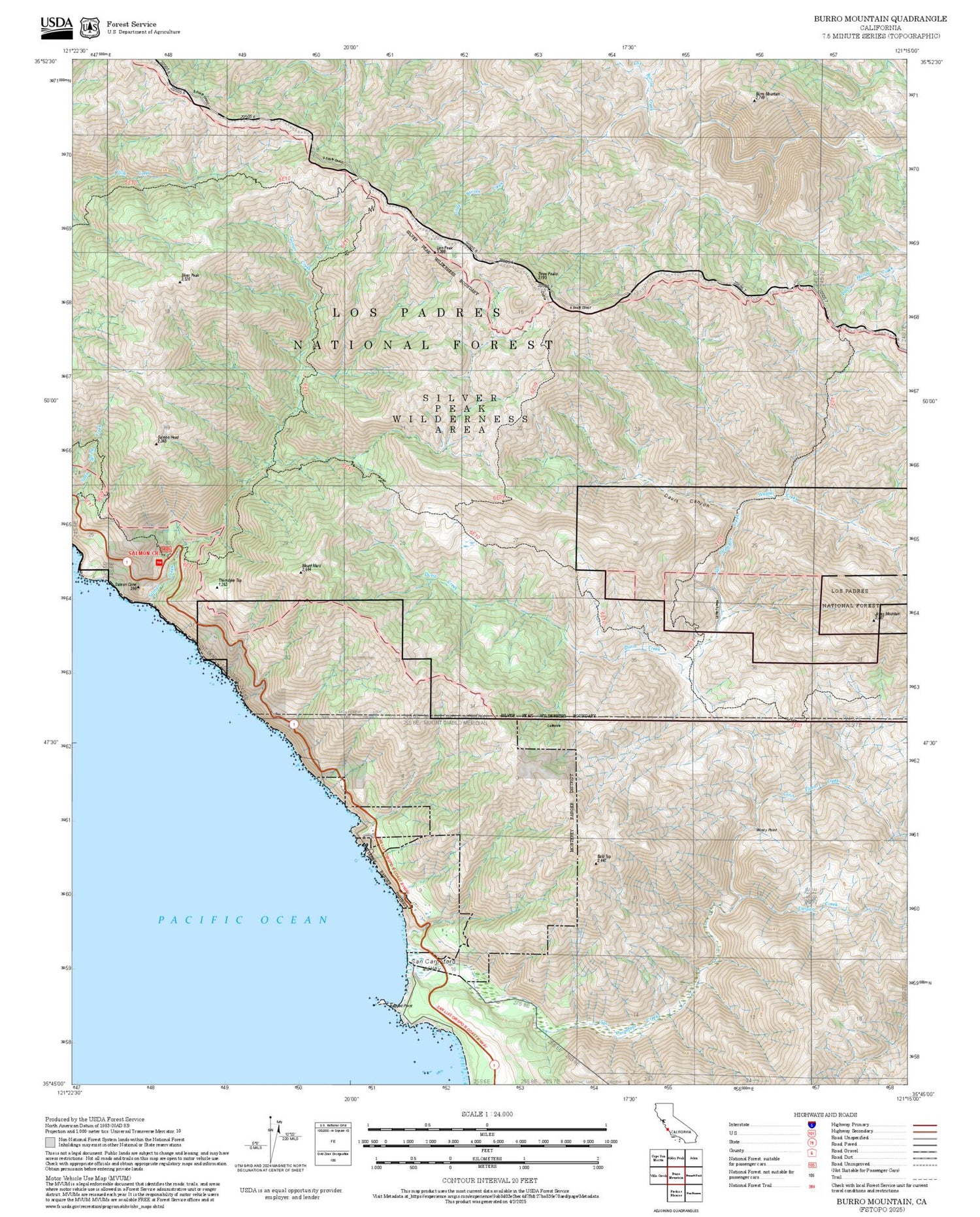 2025 Forest Service Topo Map of Burro Mountain California