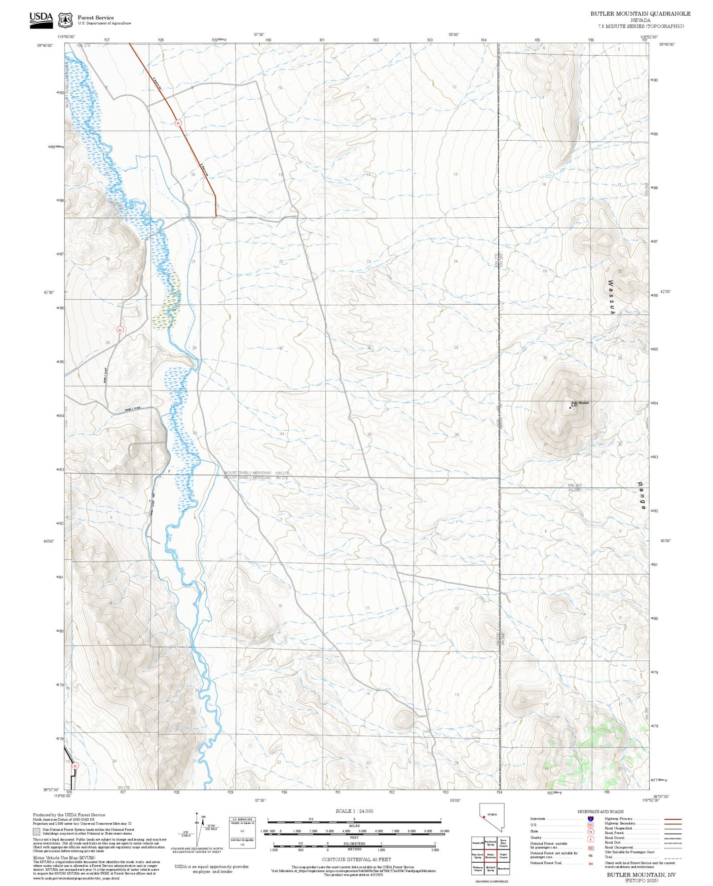 2025 Forest Service Topo Map of Butler Mountain Nevada