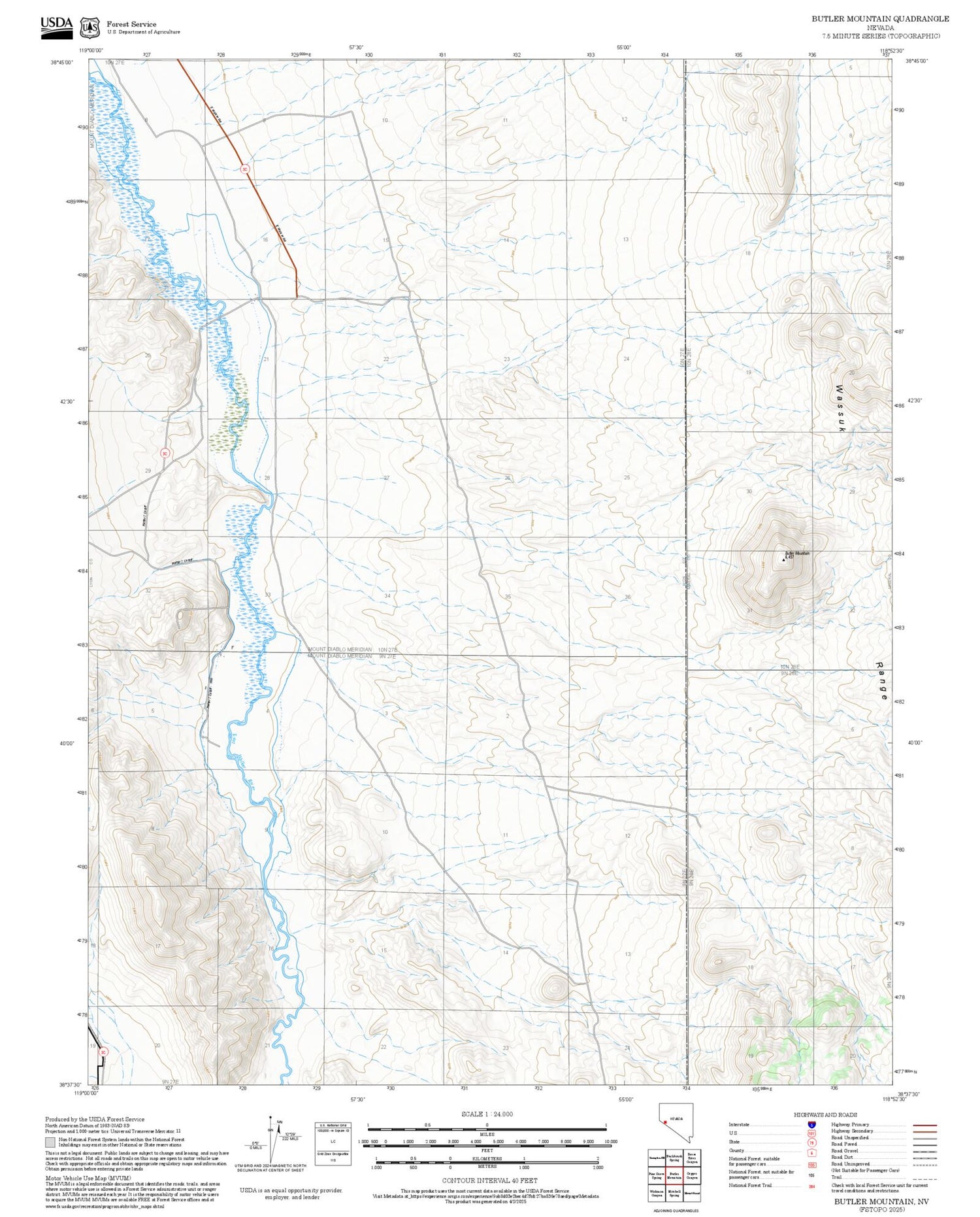 2025 Forest Service Topo Map of Butler Mountain Nevada