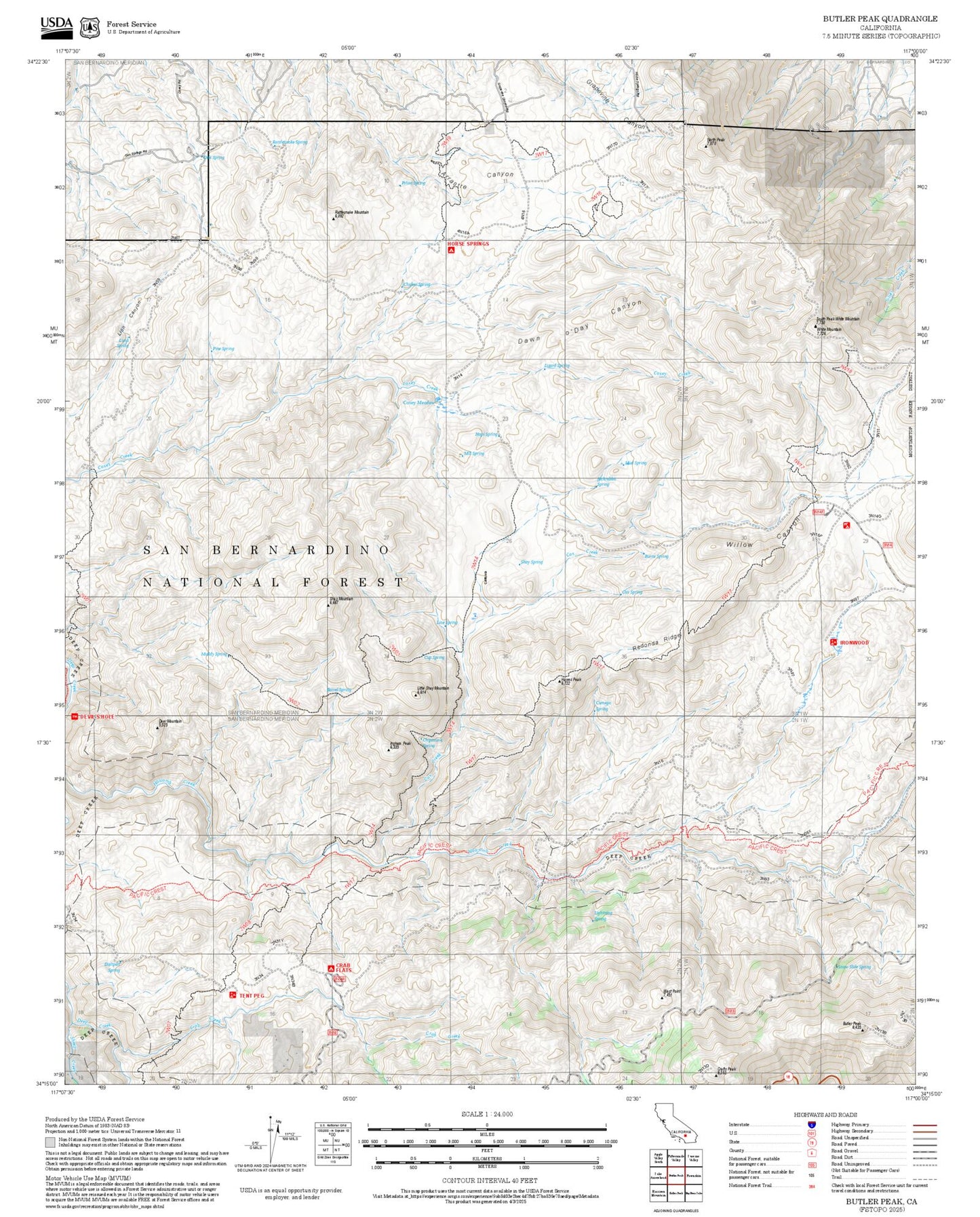 2025 Forest Service Topo Map of Butler Peak California