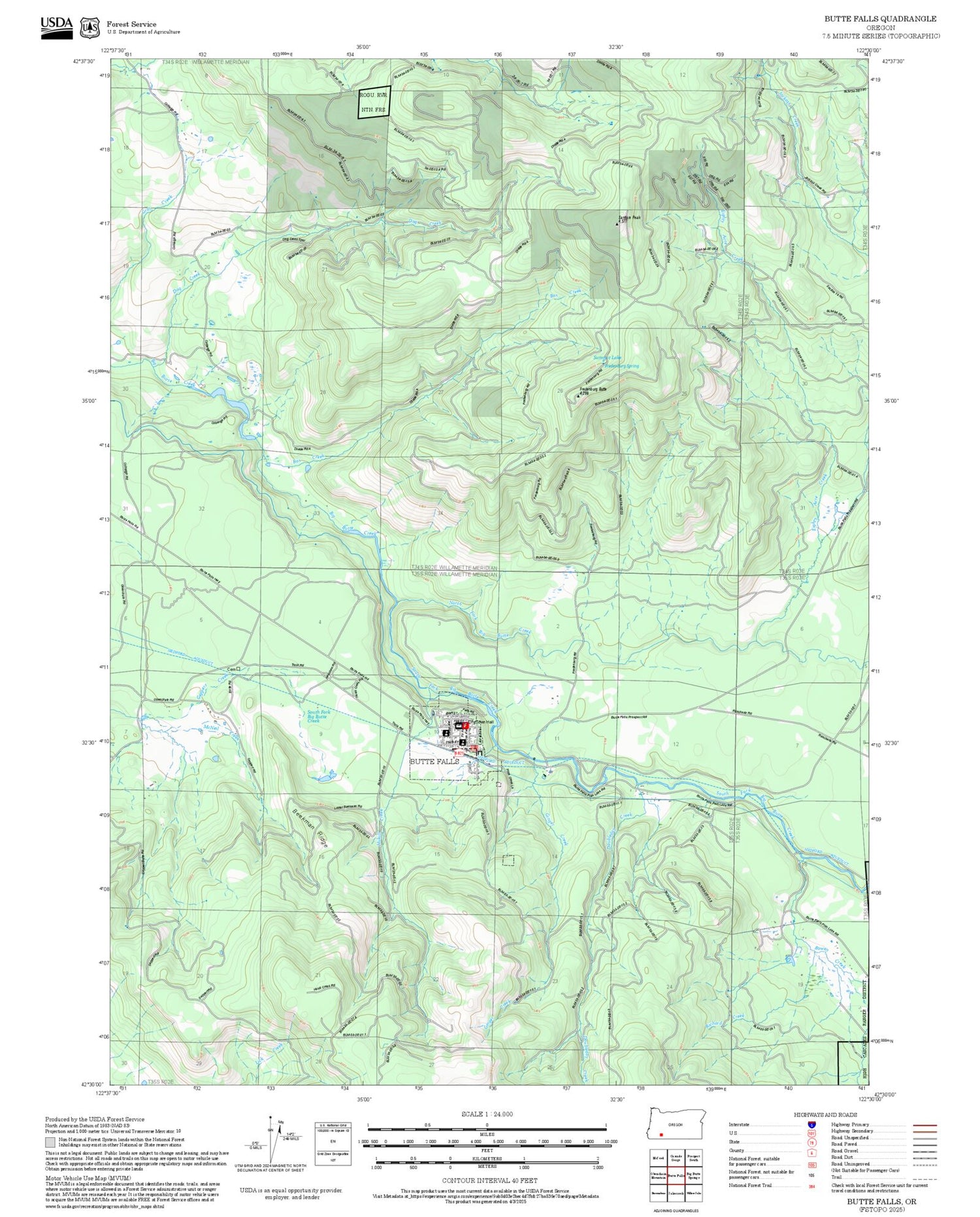 2025 Forest Service Topo Map of Butte Falls Oregon