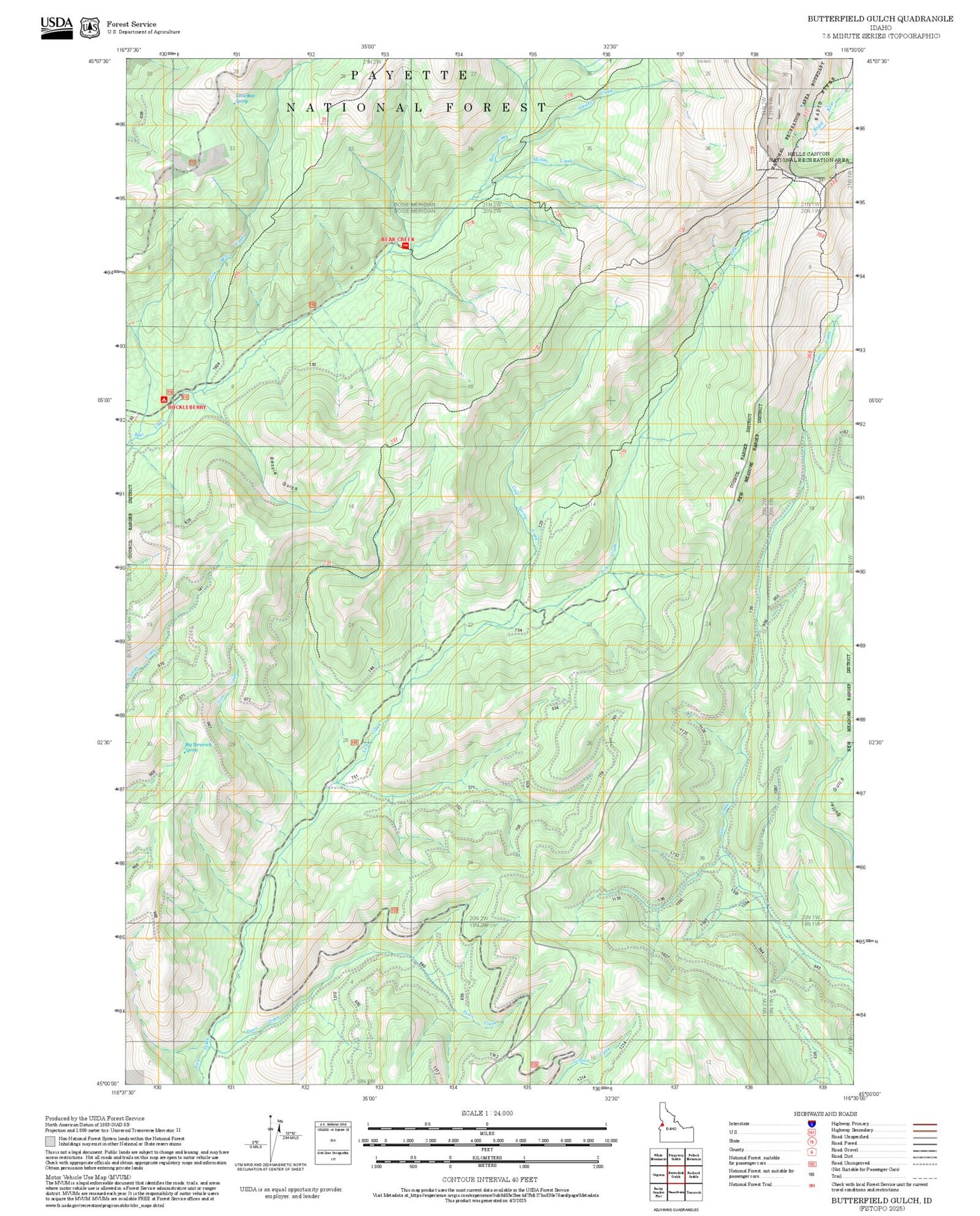 2025 Forest Service Topo Map of Butterfield Gulch Idaho