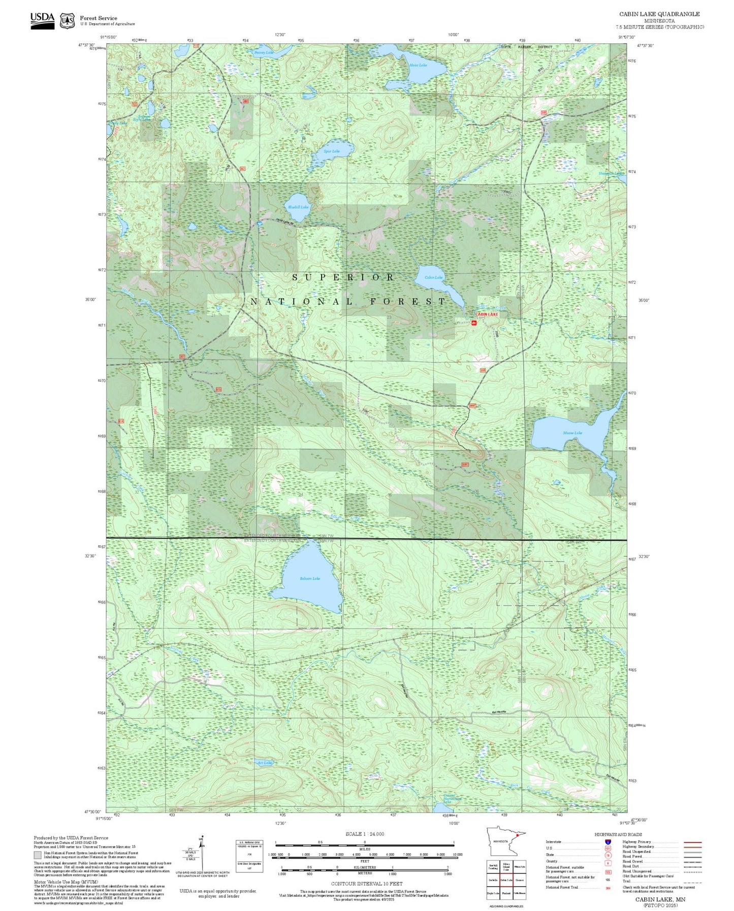 2025 Forest Service Topo Map of Cabin Lake Minnesota
