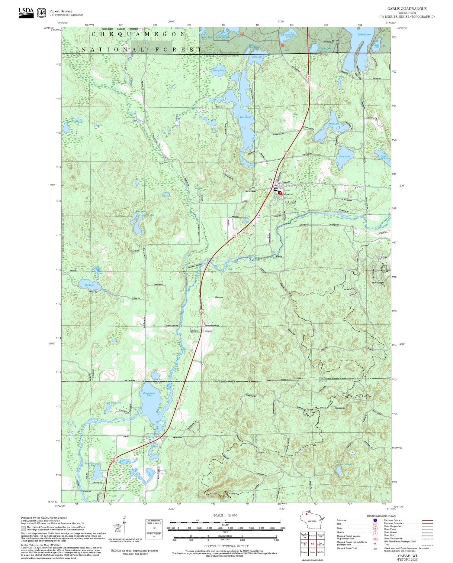 2025 Forest Service Topo Map of Cable Wisconsin