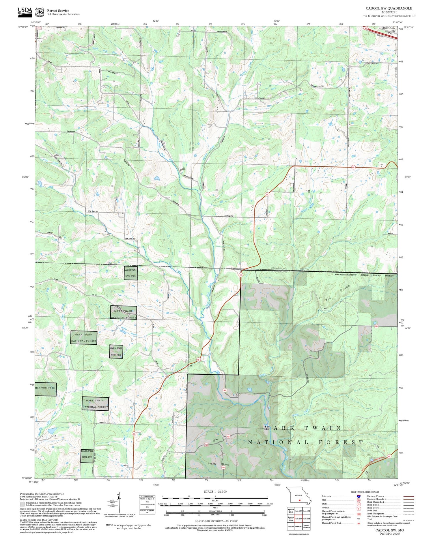 2025 Forest Service Topo Map of Cabool SW Missouri