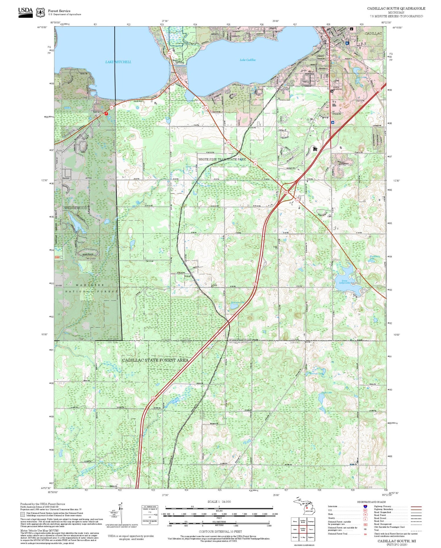 2025 Forest Service Topo Map of Cadillac South Michigan