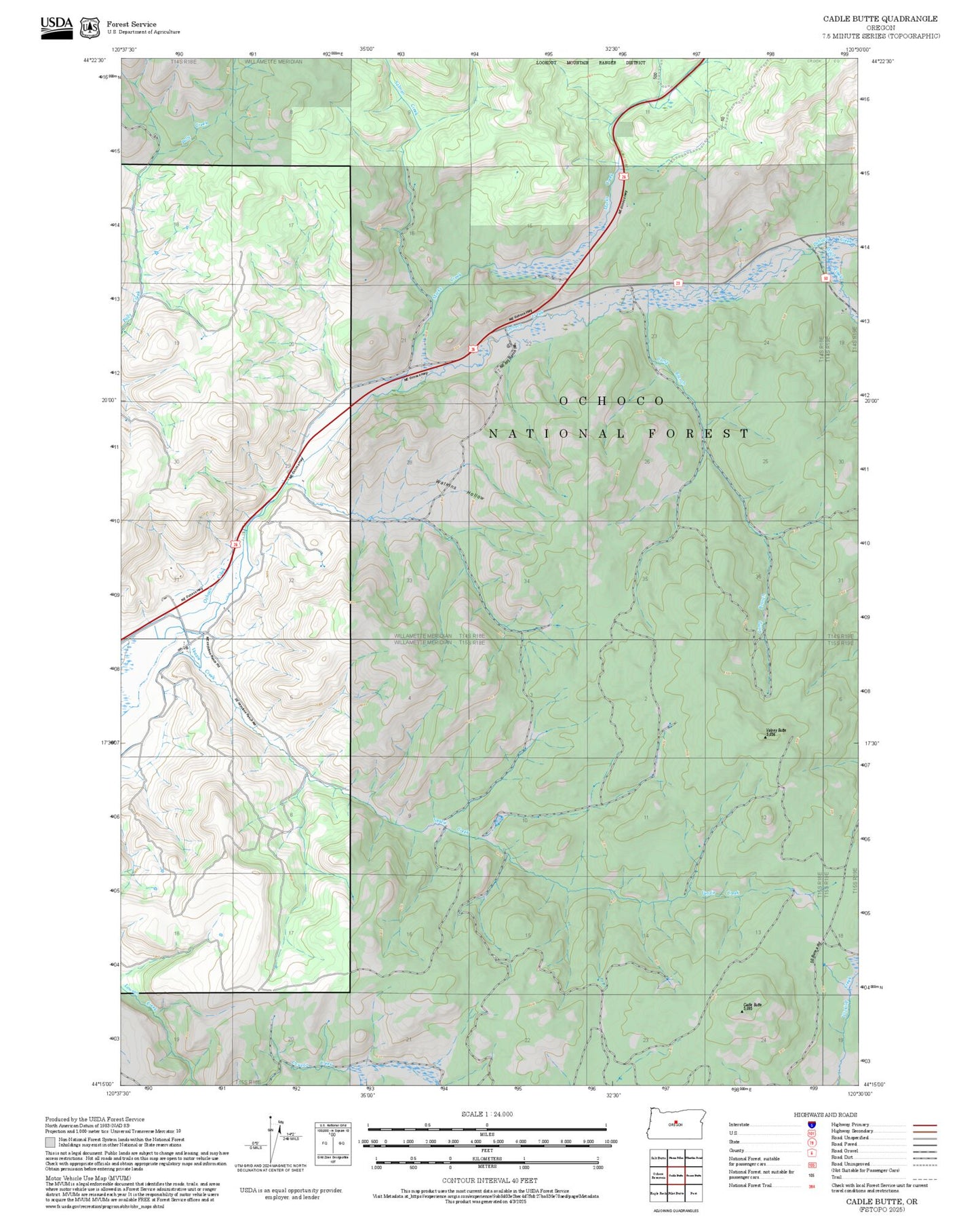 2025 Forest Service Topo Map of Cadle Butte Oregon