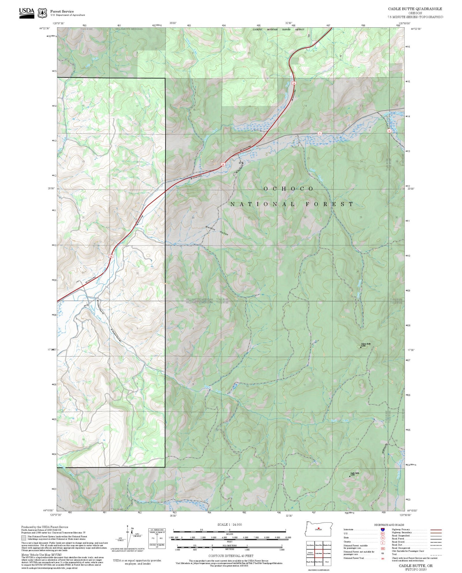 2025 Forest Service Topo Map of Cadle Butte Oregon
