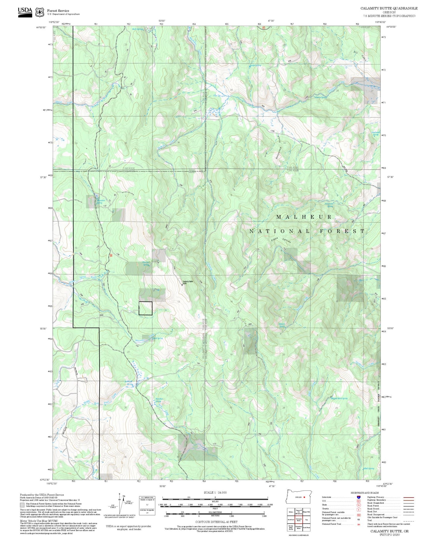 2025 Forest Service Topo Map of Calamity Butte Oregon