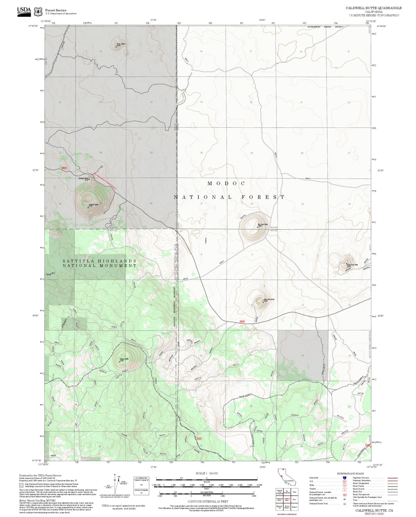 2025 Forest Service Topo Map of Caldwell Butte California