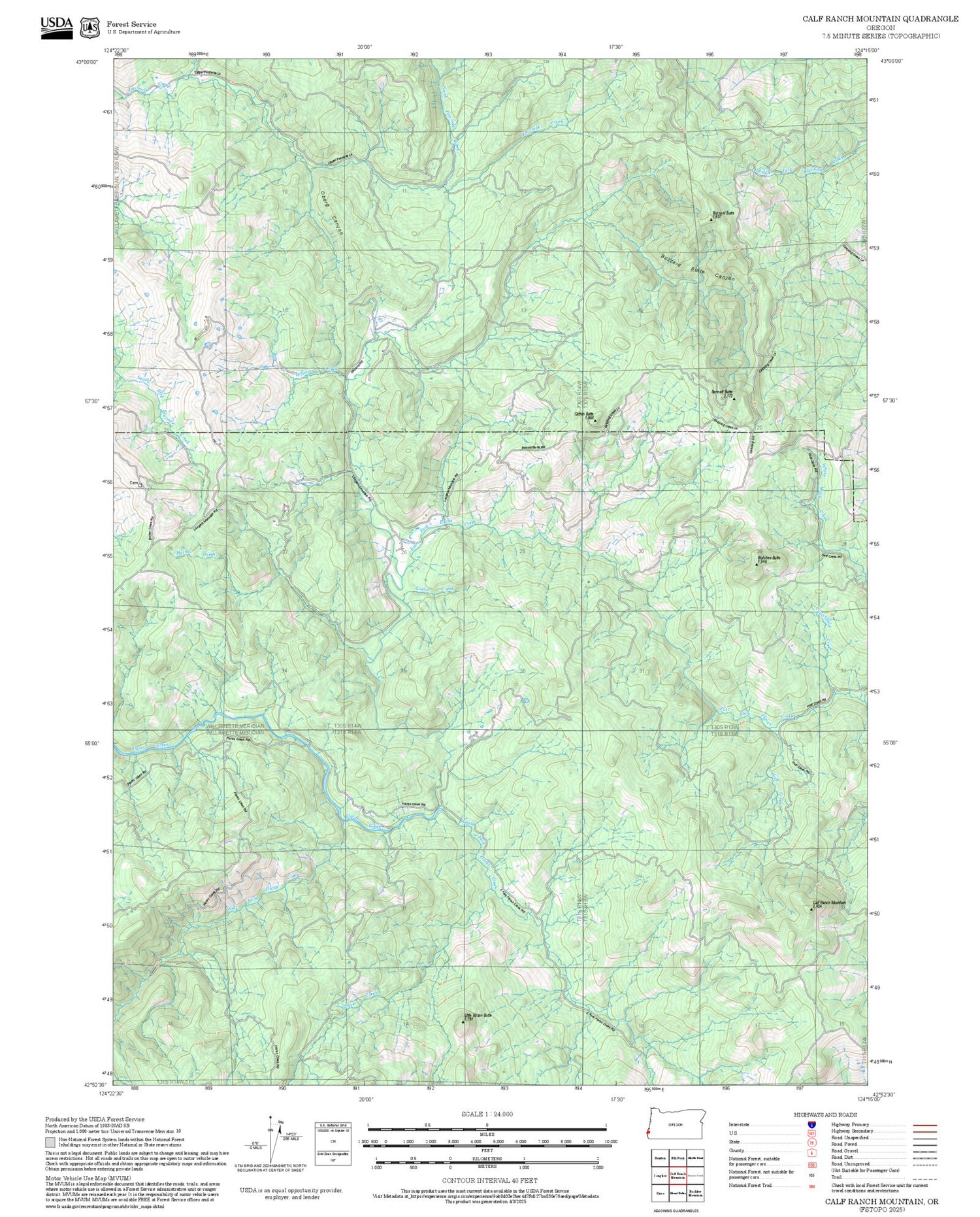 2025 Forest Service Topo Map of Calf Ranch Mountain Oregon