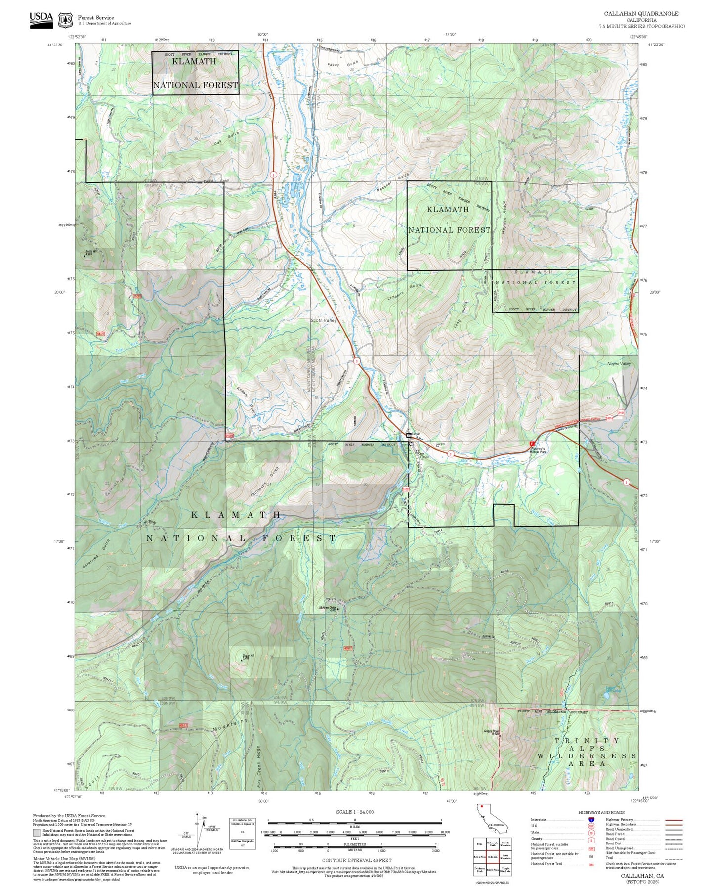 2025 Forest Service Topo Map of Callahan California