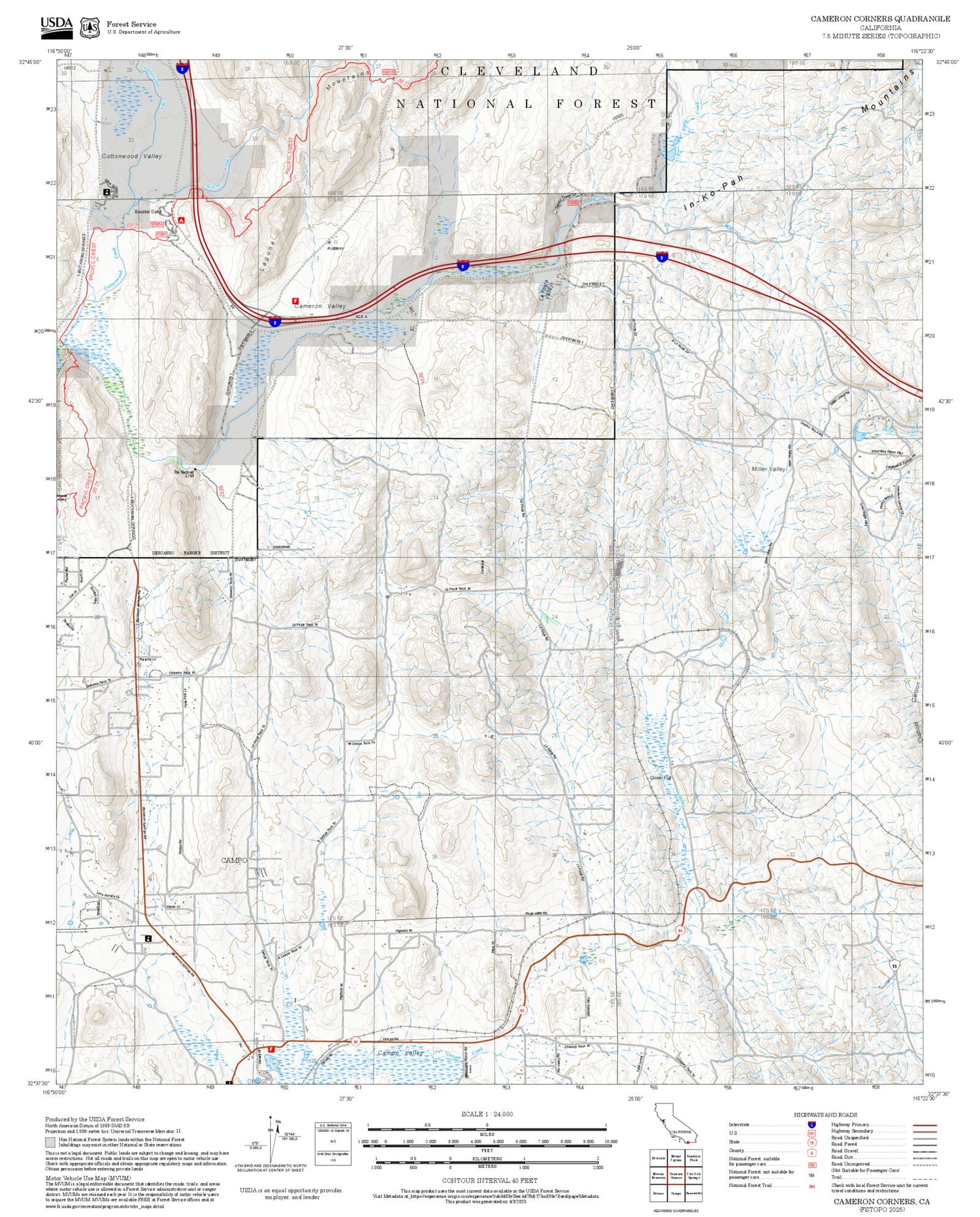 2025 Forest Service Topo Map of Cameron Corners California