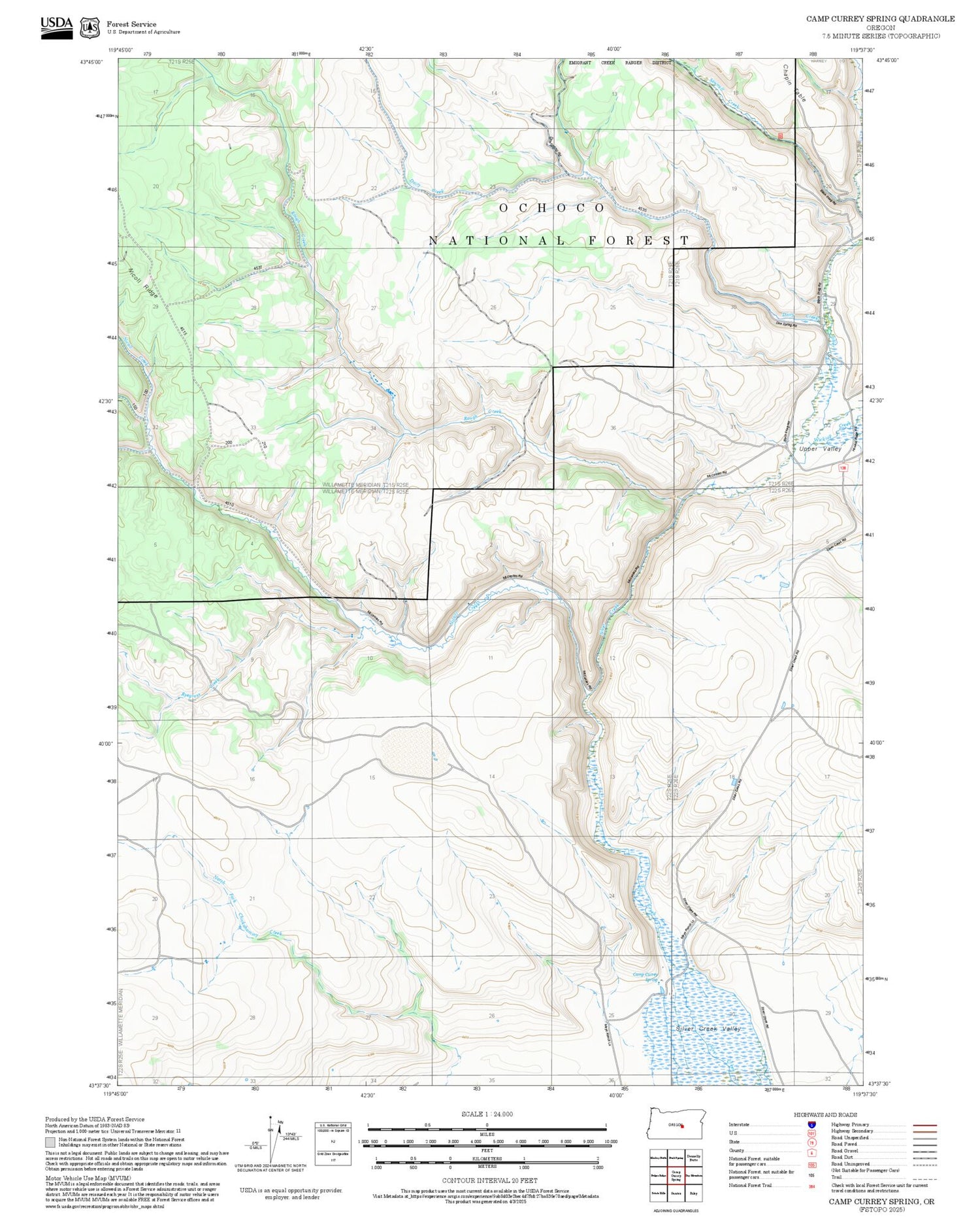 2025 Forest Service Topo Map of Camp Currey Spring Oregon