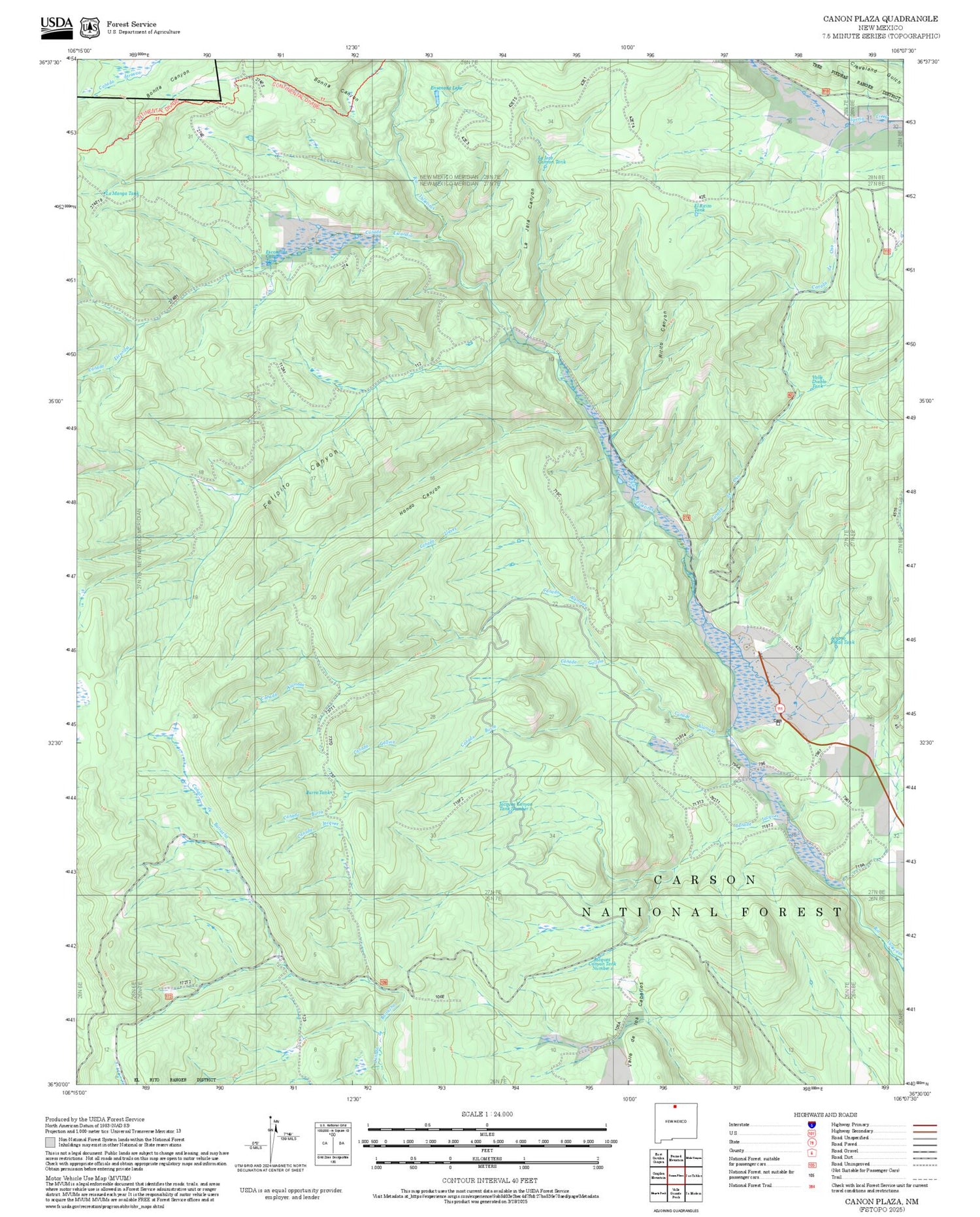 2025 Forest Service Topo Map of Canon Plaza New Mexico