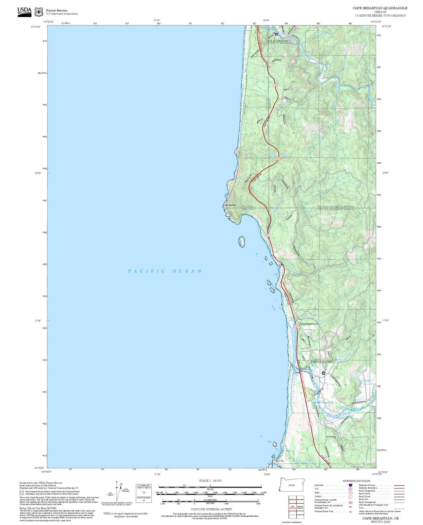 2025 Forest Service Topo Map of Cape Sebastian Oregon