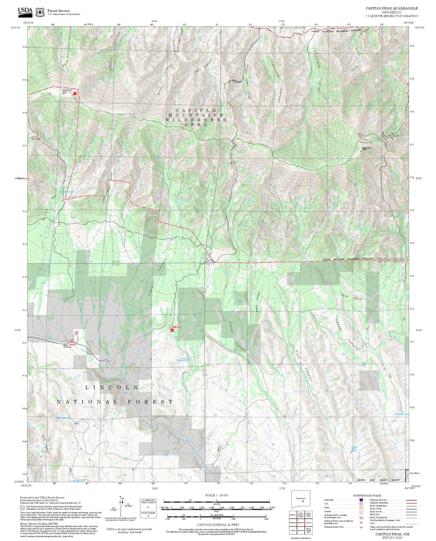 2025 Forest Service Topo Map of Capitan Peak New Mexico