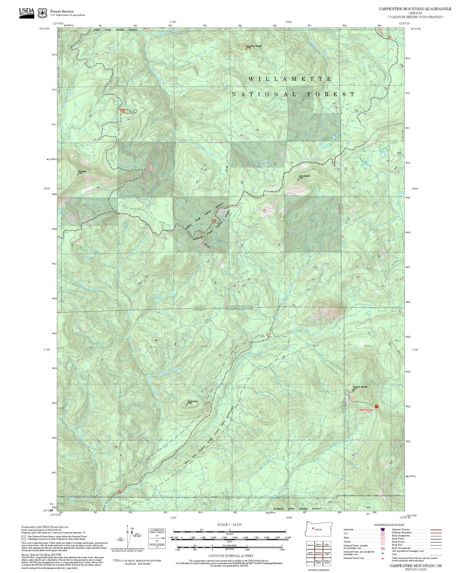 2025 Forest Service Topo Map of Carpenter Mountain Oregon
